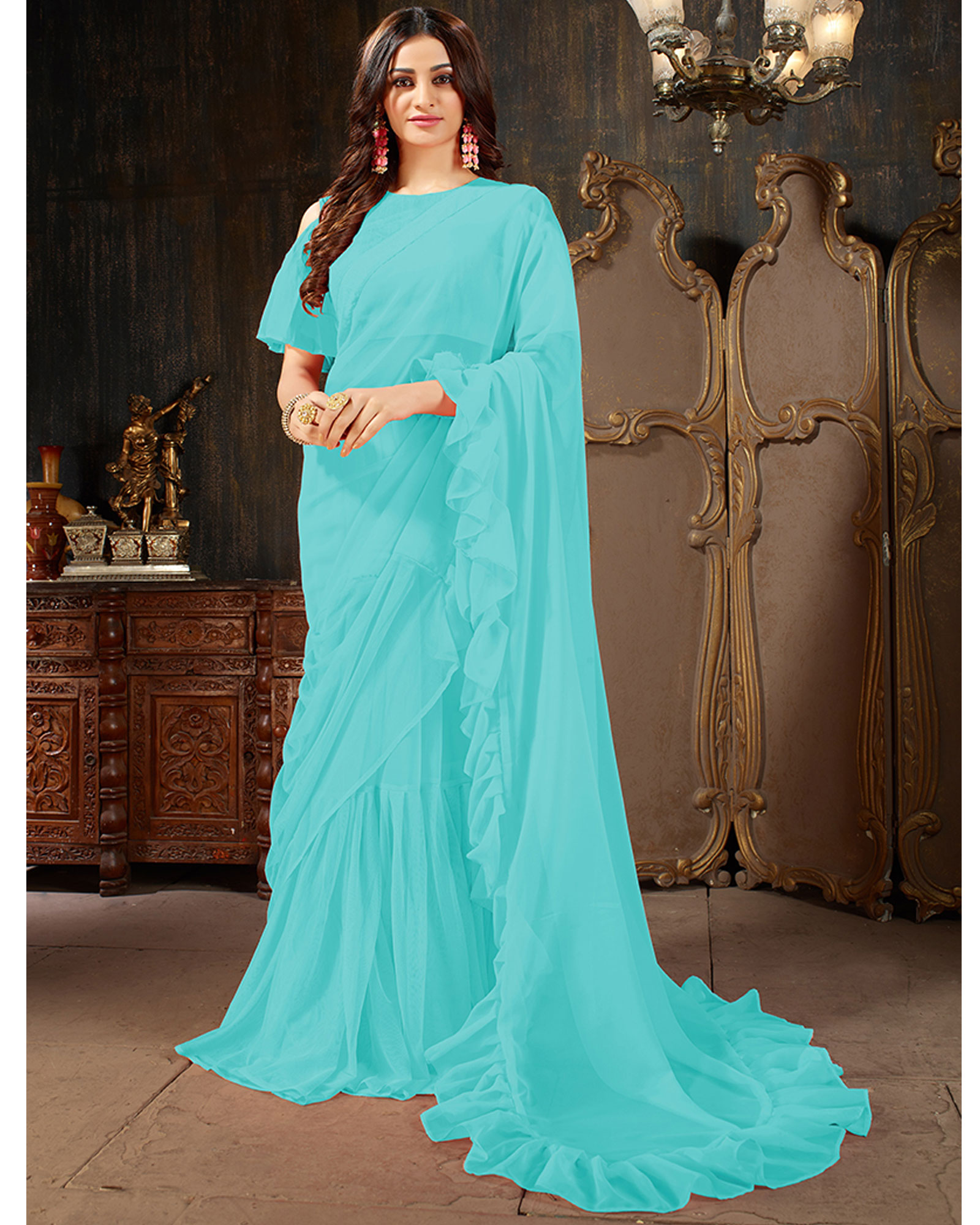 Sky blue Color Georgette Party Wear Ruffles Saree