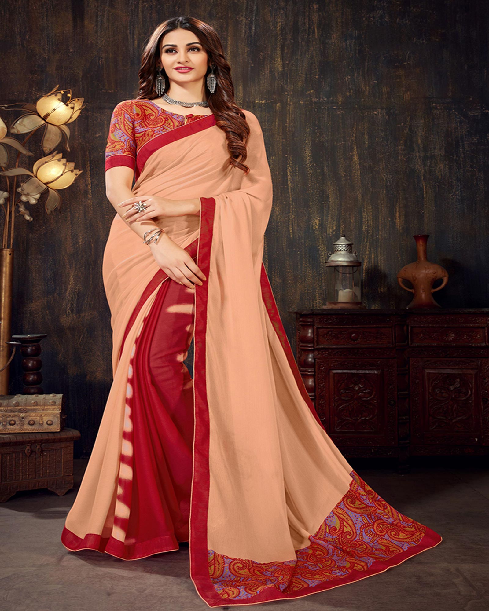 Peach and Red  Print Work Moss Chiffon Half & Half Saree