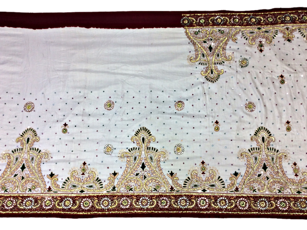 White and Maroon Color Diamond Work Design Gaji Silk Panetar Saree