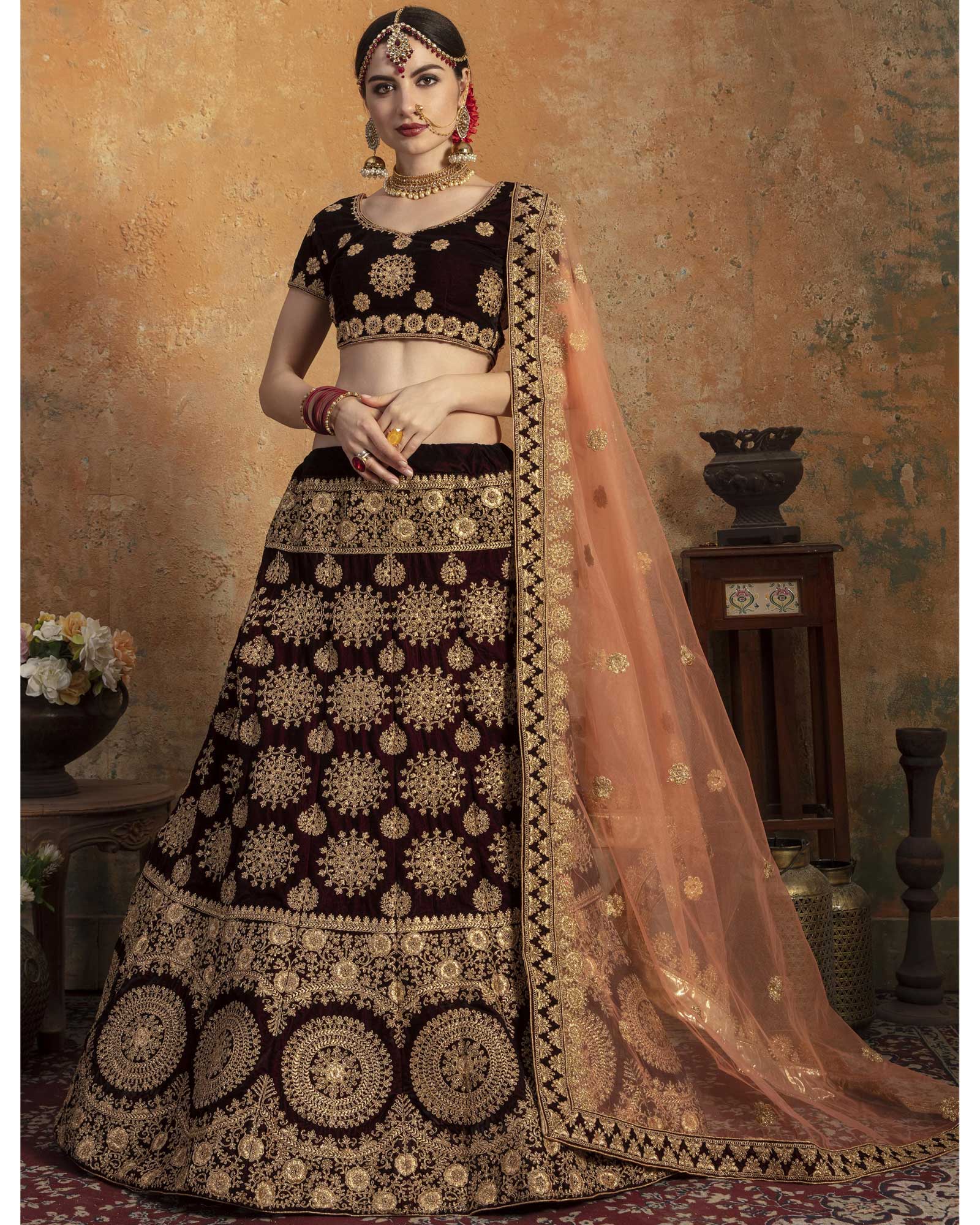 Maroon Zari Work Velvet Bridal Lehenga Choli