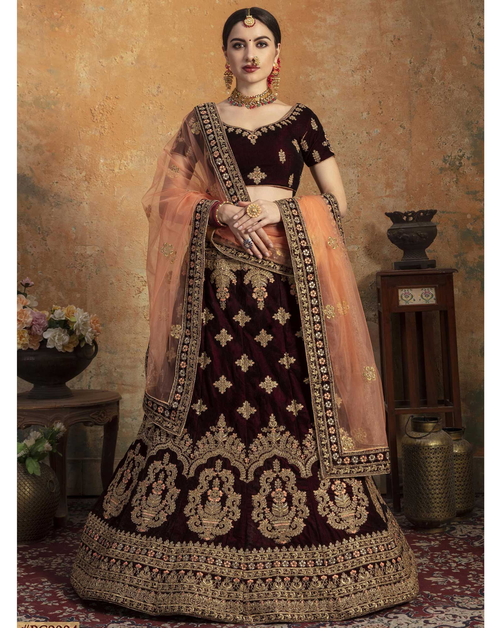 Maroon Pearl Beaded Velvet Bridal Lehenga Choli