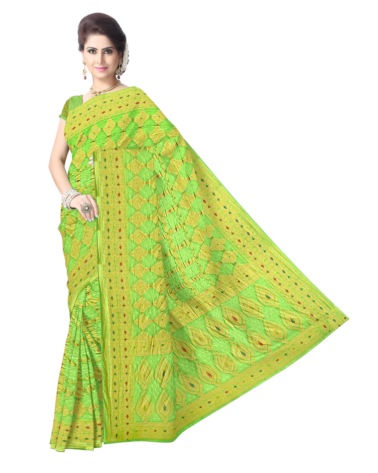 All Over Parrot Green Color Fancy Design Dupion Silk Bandhani Saree