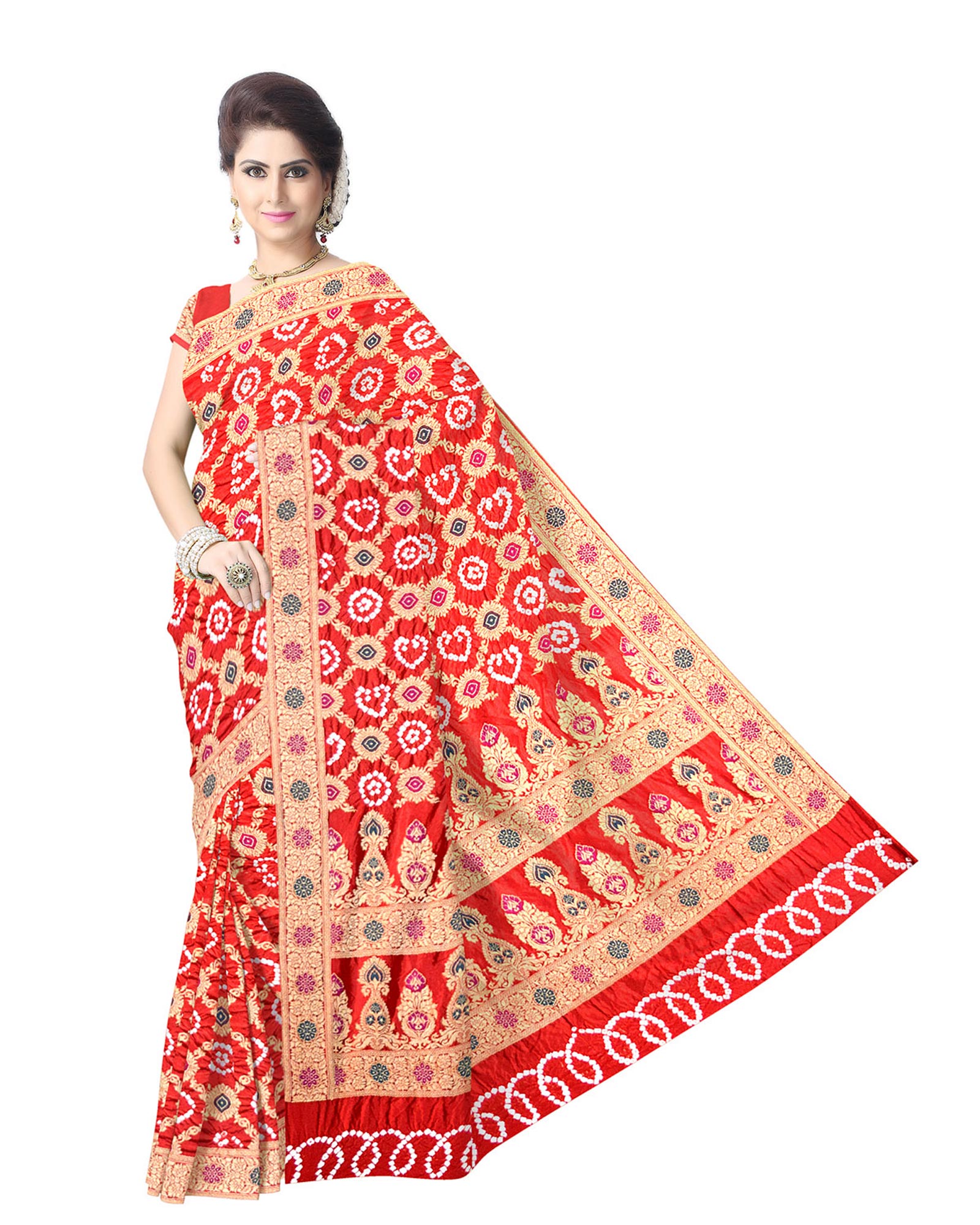 All Over Peach Color Fancy Design Dupion Silk Bandhani Saree