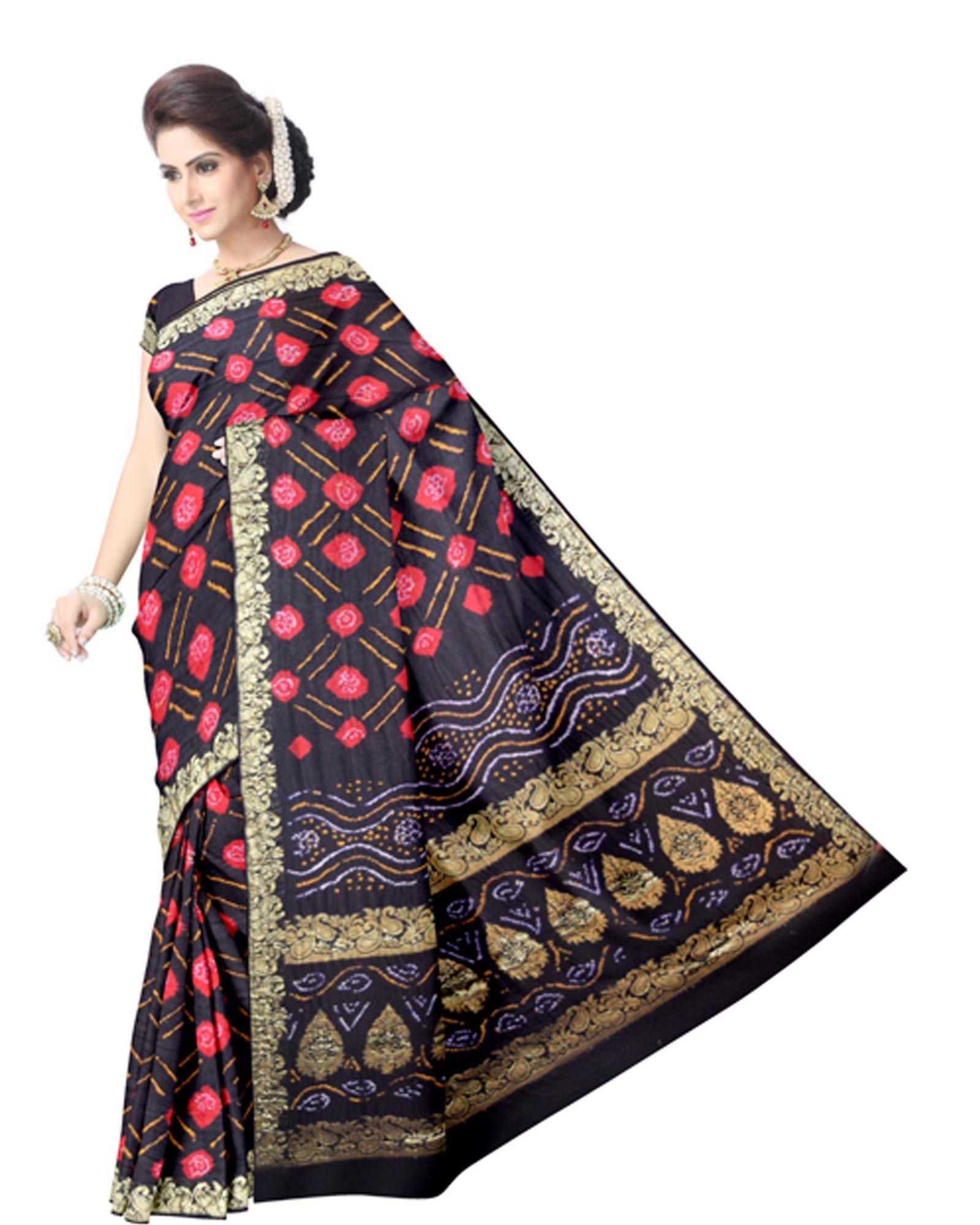 Black And Red Color Gaji Silk Bandhani Saree
