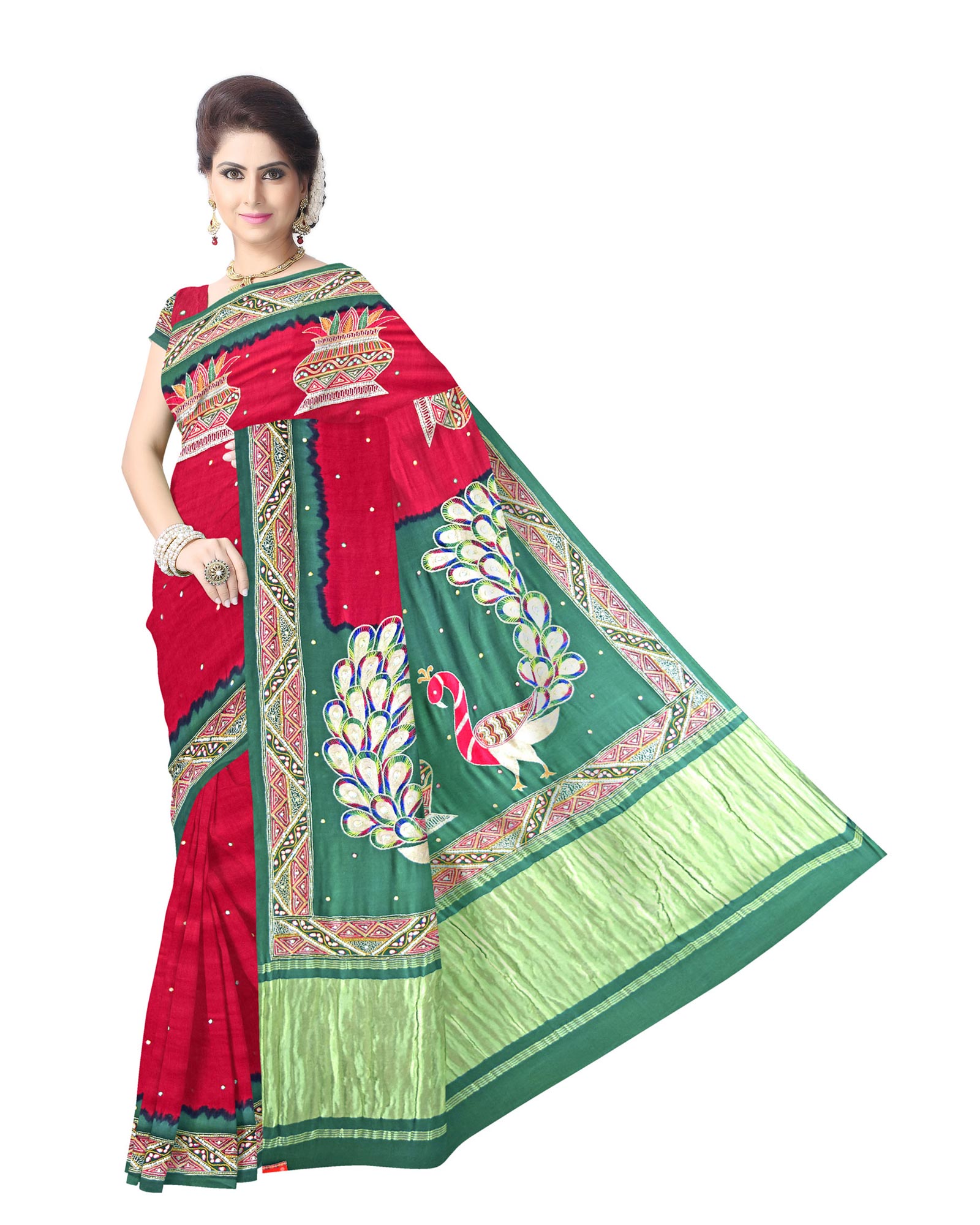 Red And Green Gaji Silk Bandhani Saree