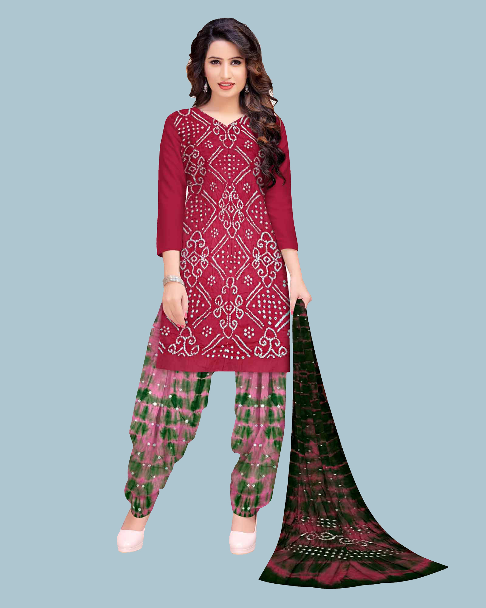 Dark Pink And Green Cotton Satin Bandhani Dress Material