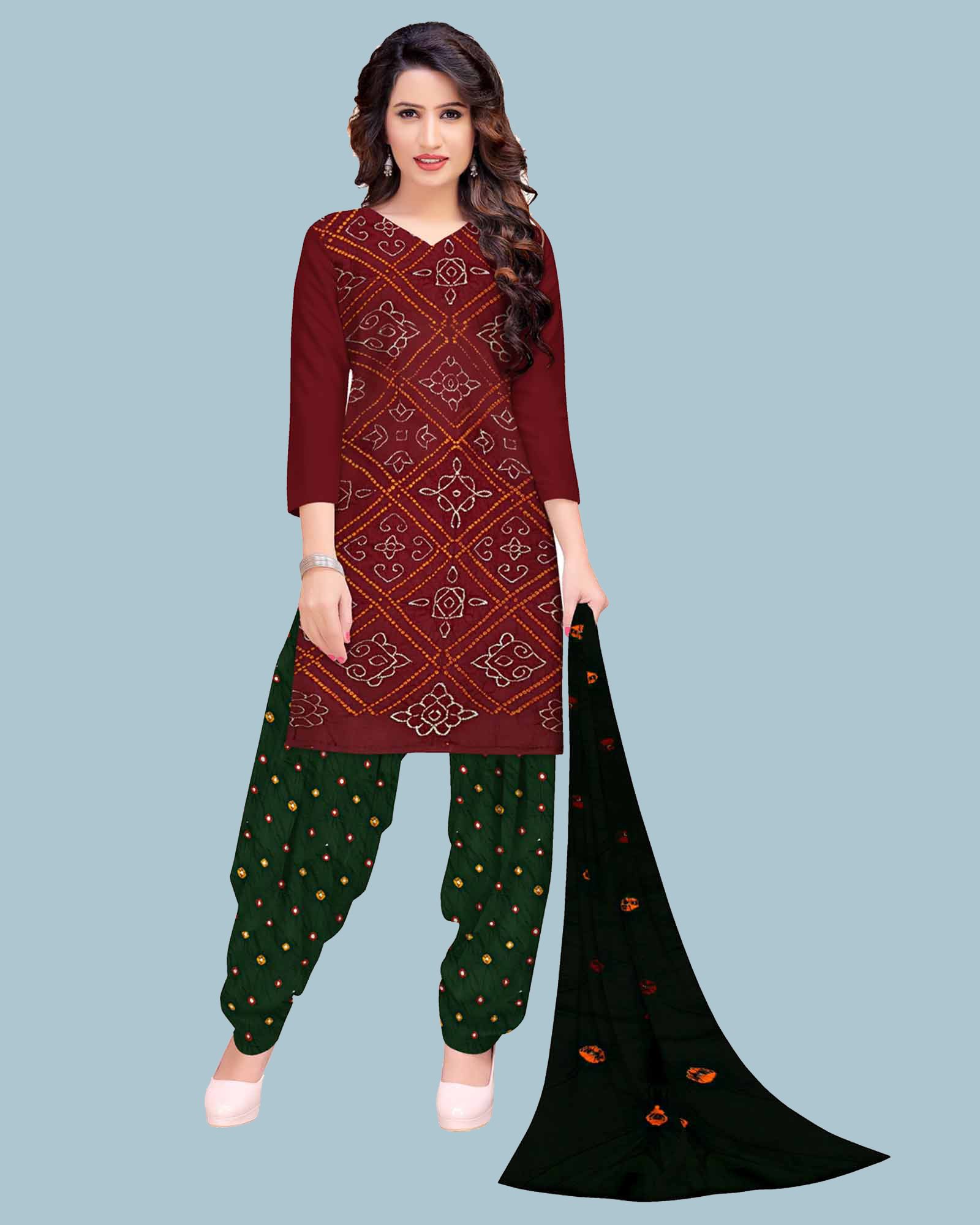 Maroon And Green Cotton Satin Fancy Bandhani Dress Material
