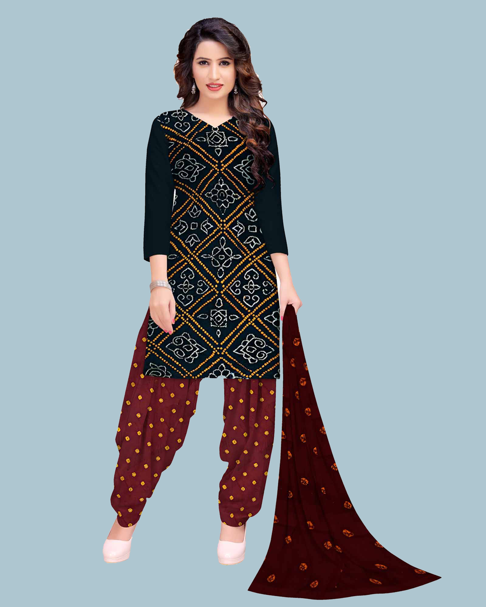 Black And Maroon Cotton Satin Fancy Bandhani Dress Material