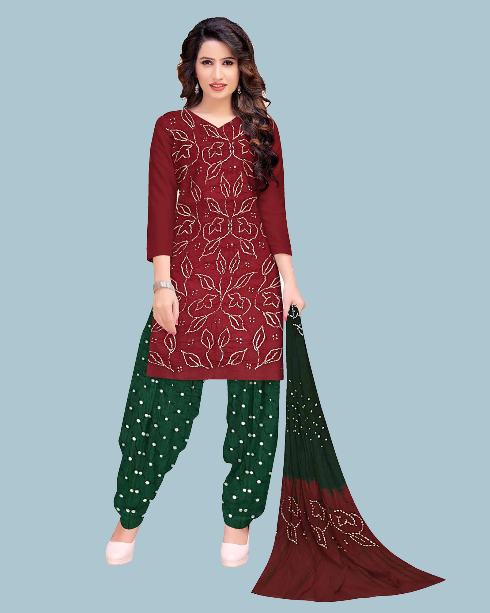 Maroon And Green Cotton Satin Bandhani Dress Material