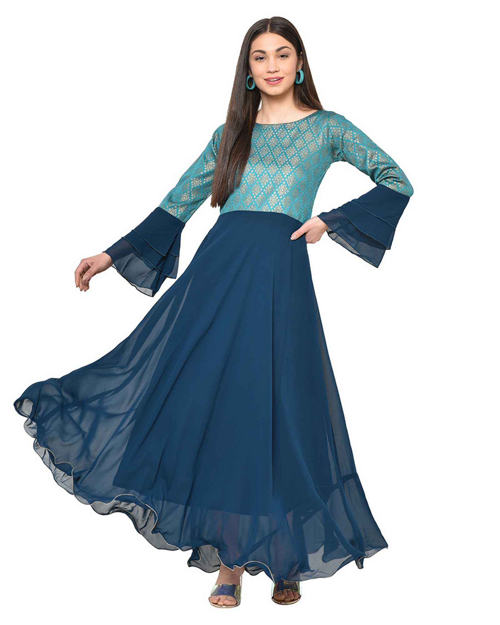 Peacock Green Brocade Gown Indo Western Top