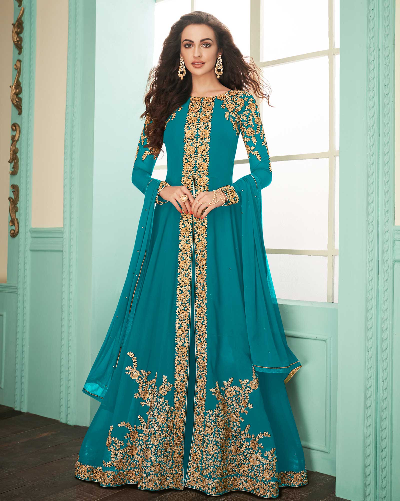 Sea Green Semi-Stitched Western Gown With Dupatta
