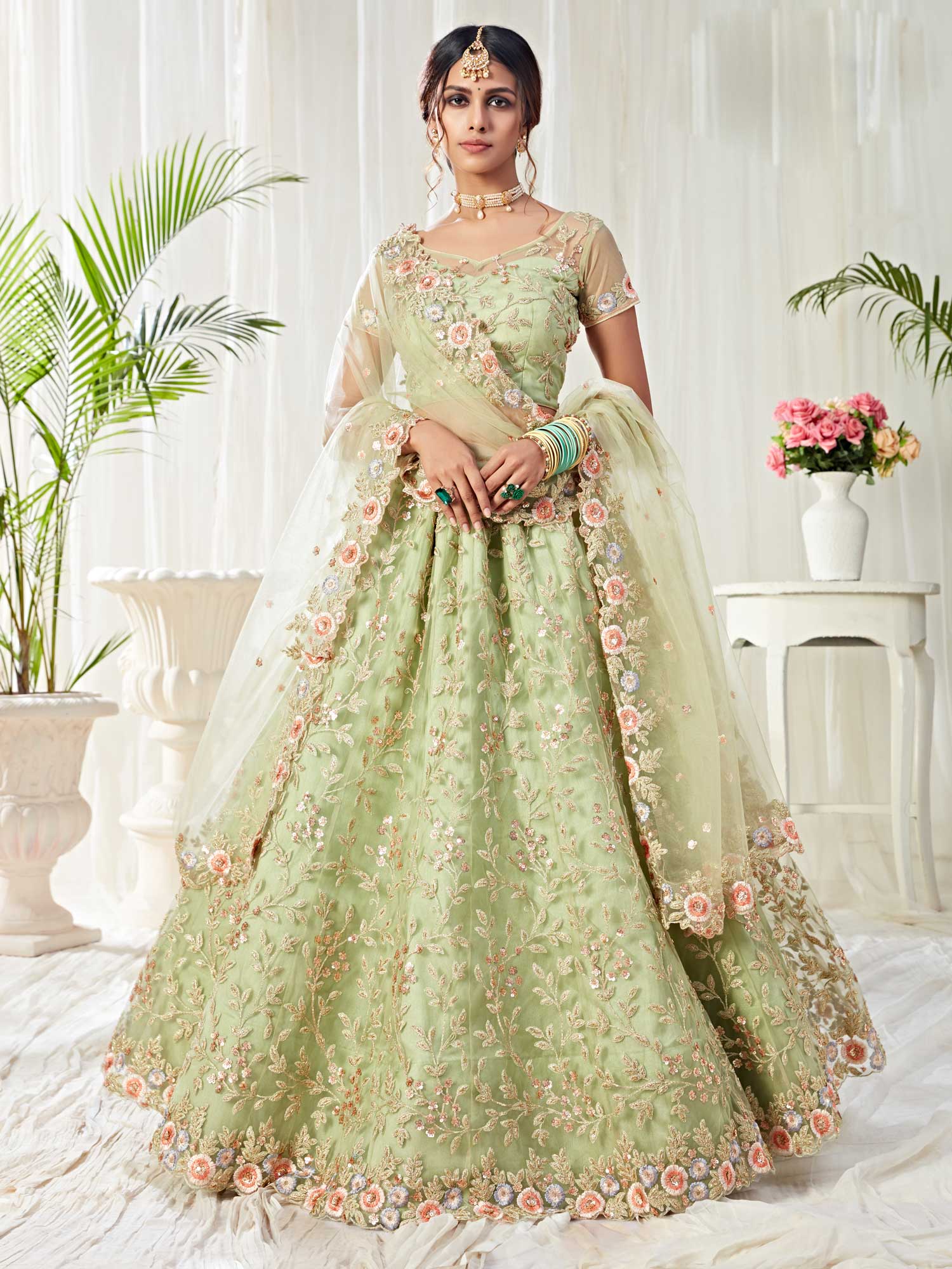 Pista Green Sequenced Bridal Lehenga Choli