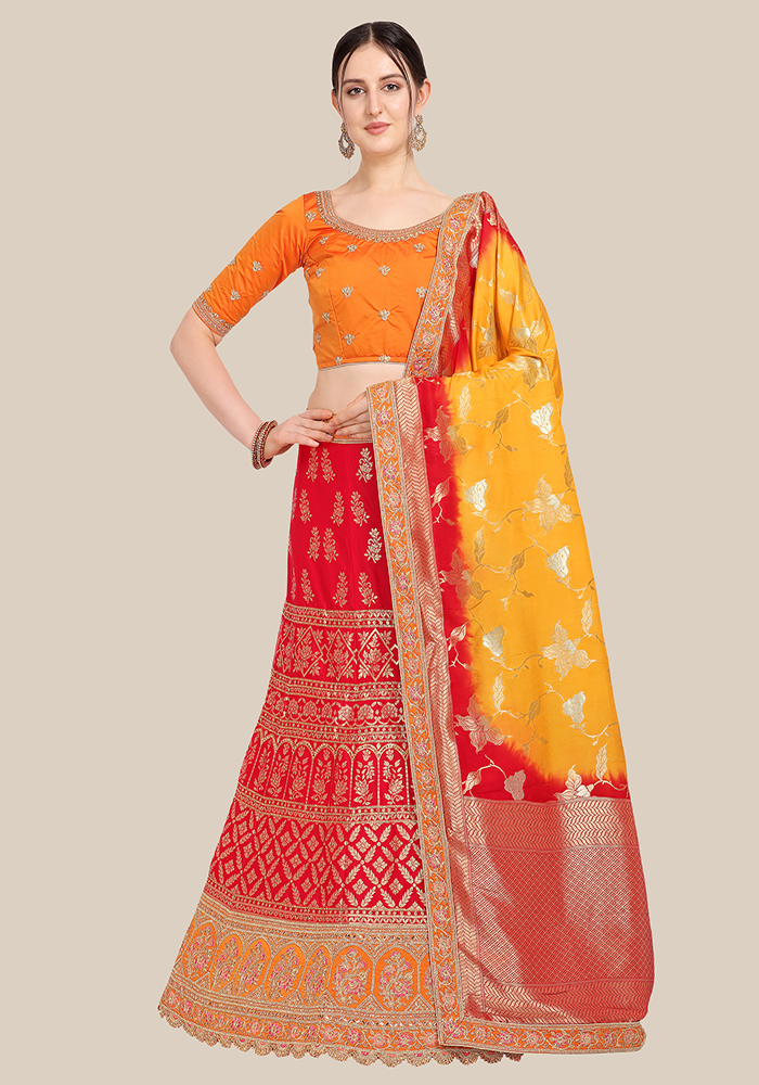 Red Embellished Semi Stitched Lehenga & Choli with Dupatta 