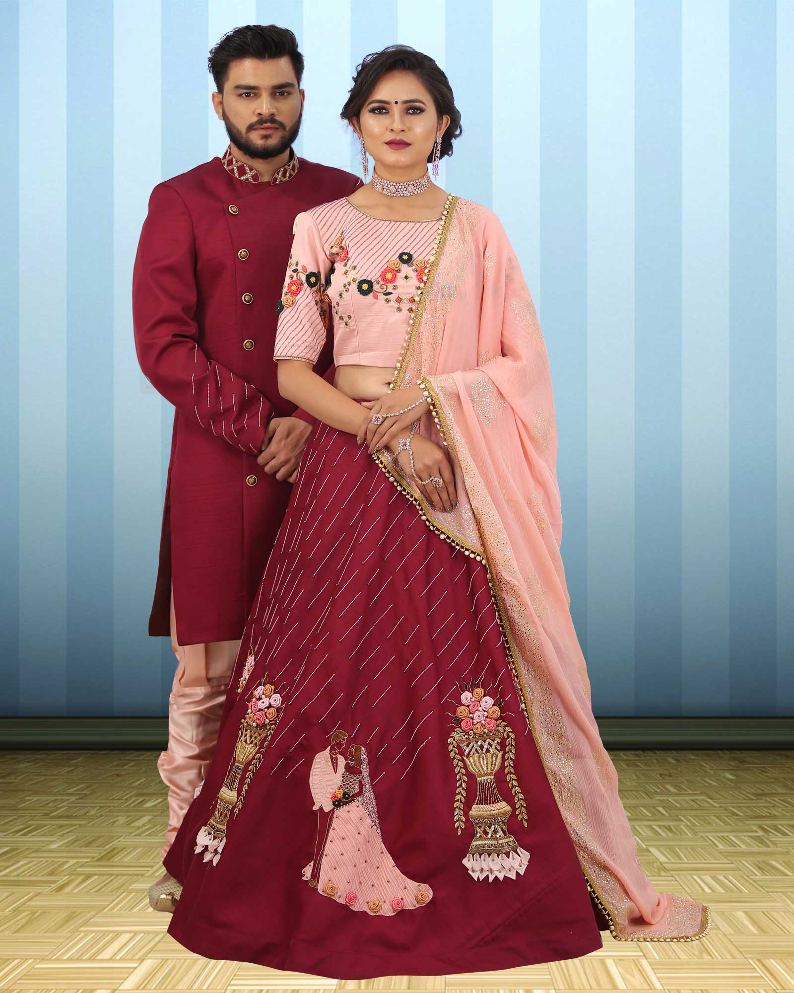 Couple Wear Maroon Sequence Work Indowestern And Lehenga Choli Set - AB355