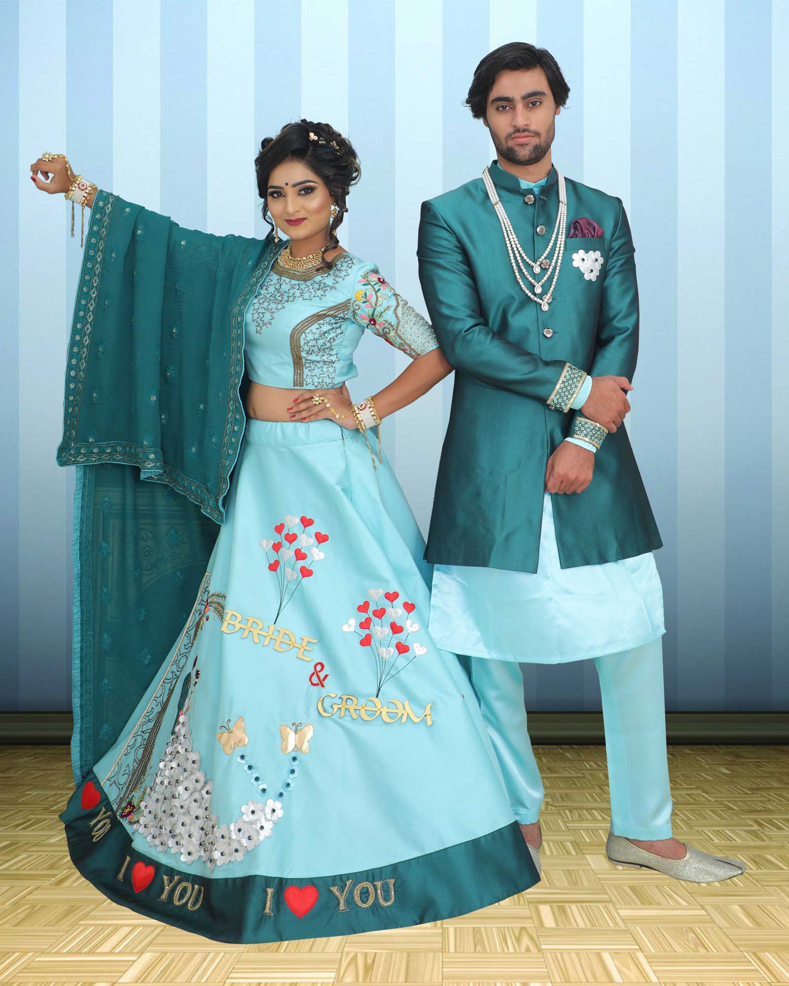 Couple Wear Sea Green Designer Indowestern And Lehenga Choli Set - AB288