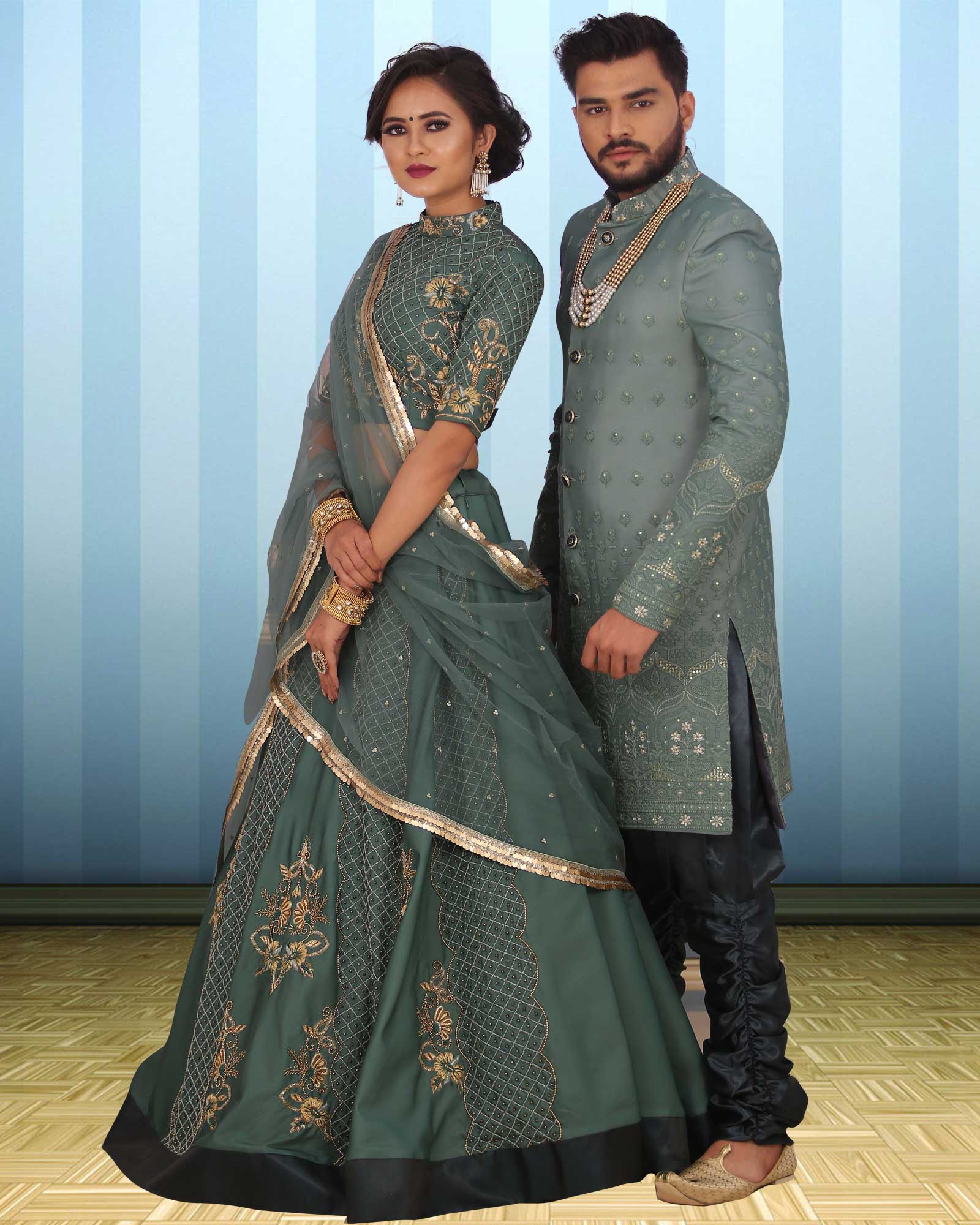 Couple Wear Sage Green Pearl Beaded Indowestern And Lehenga Choli Set - AB360