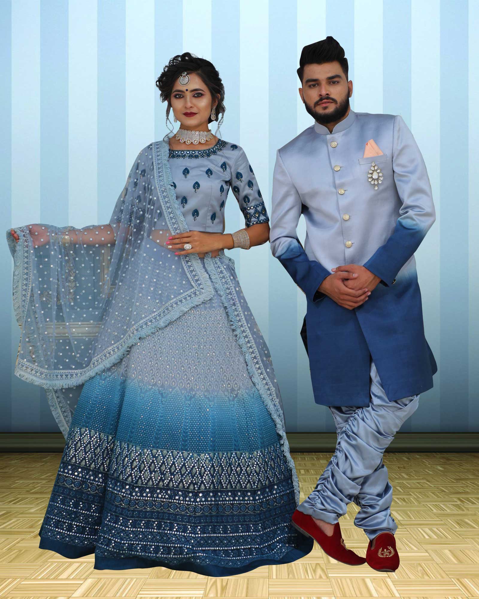 Couple Wear Sky Blue Mirror Work Indowestern And Lehenga Choli Set - AB311