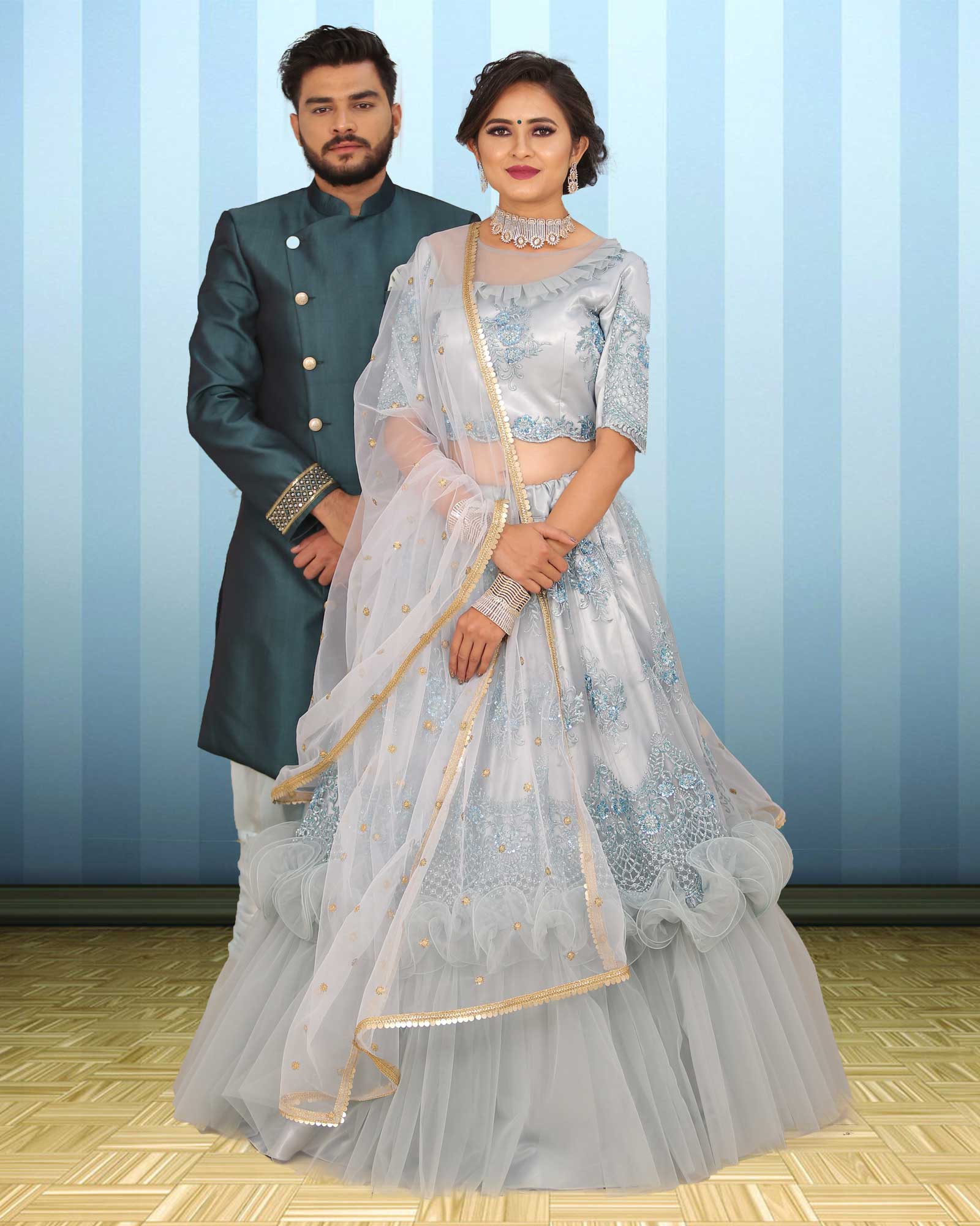 Couple Wear Blue Thread Work Indowestern And Lehenga Choli Set - AB363