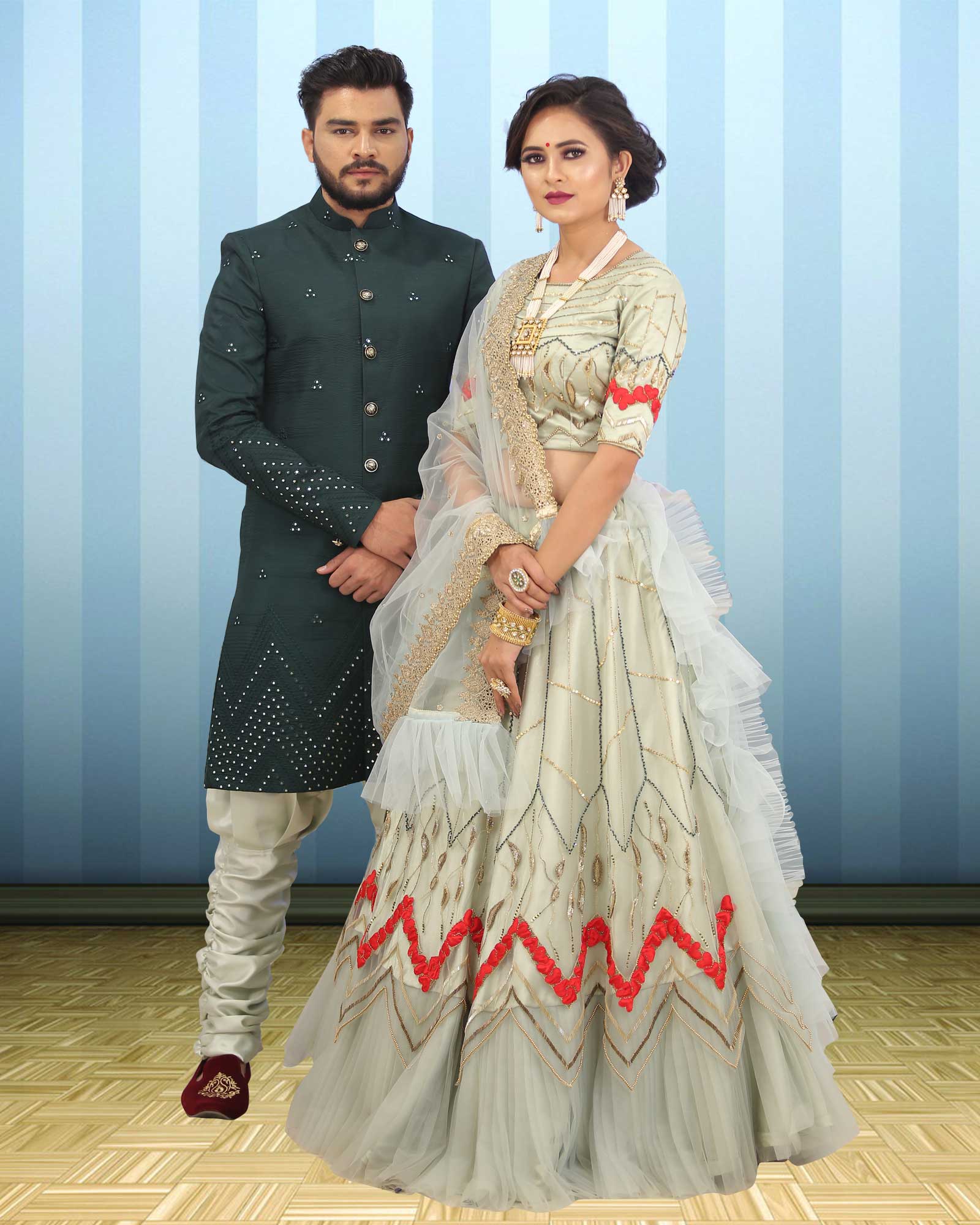 Couple Wear Pista Sequence Work Indowestern And Lehenga Choli Set - AB353