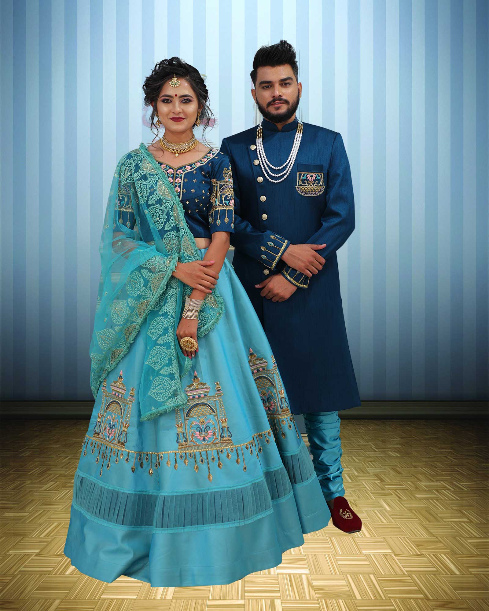 Couple Wear Navy Blue Embroidered Indowestern And Lehenga Choli Set- AB333