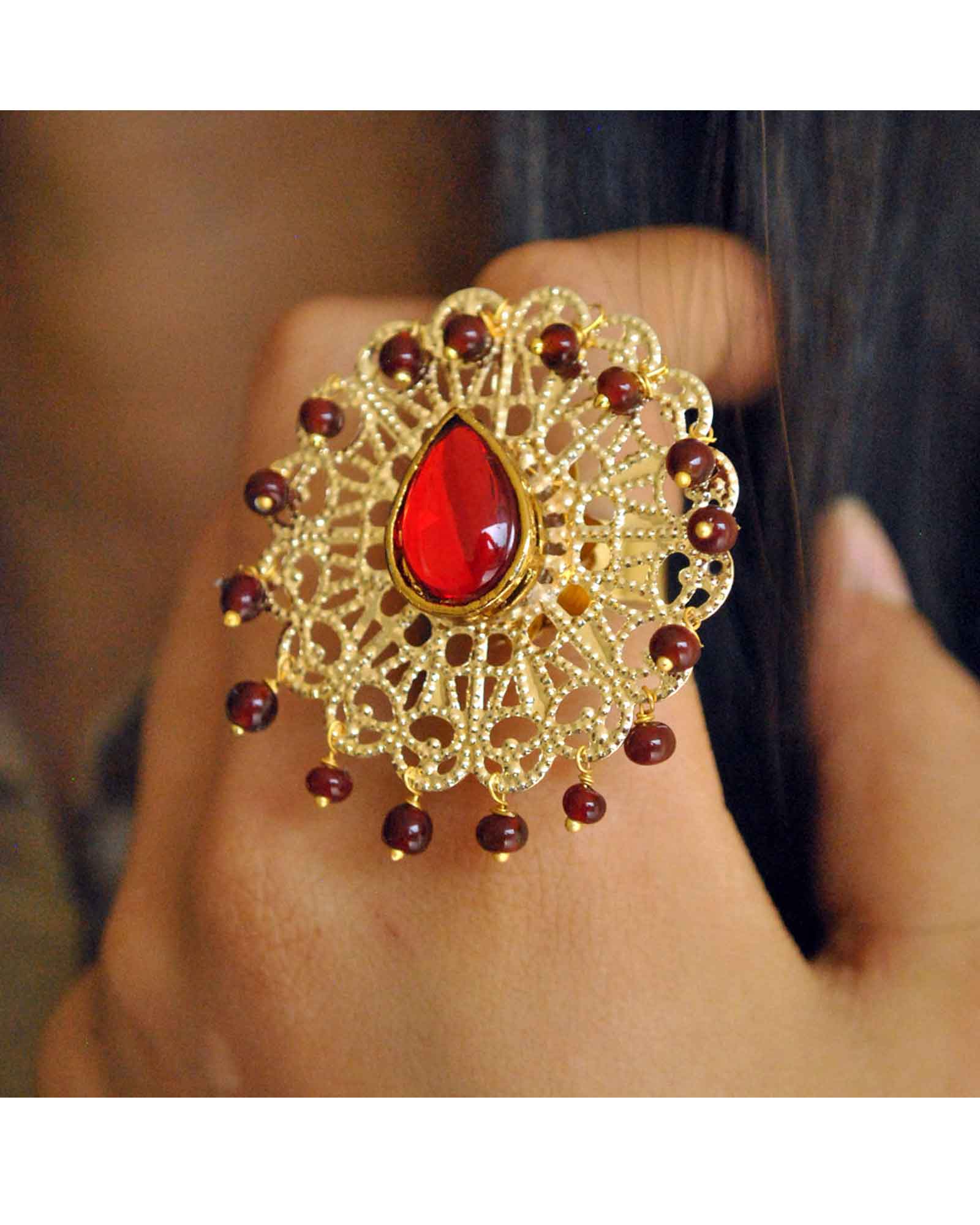 Merry Go Round Red Pear Ring