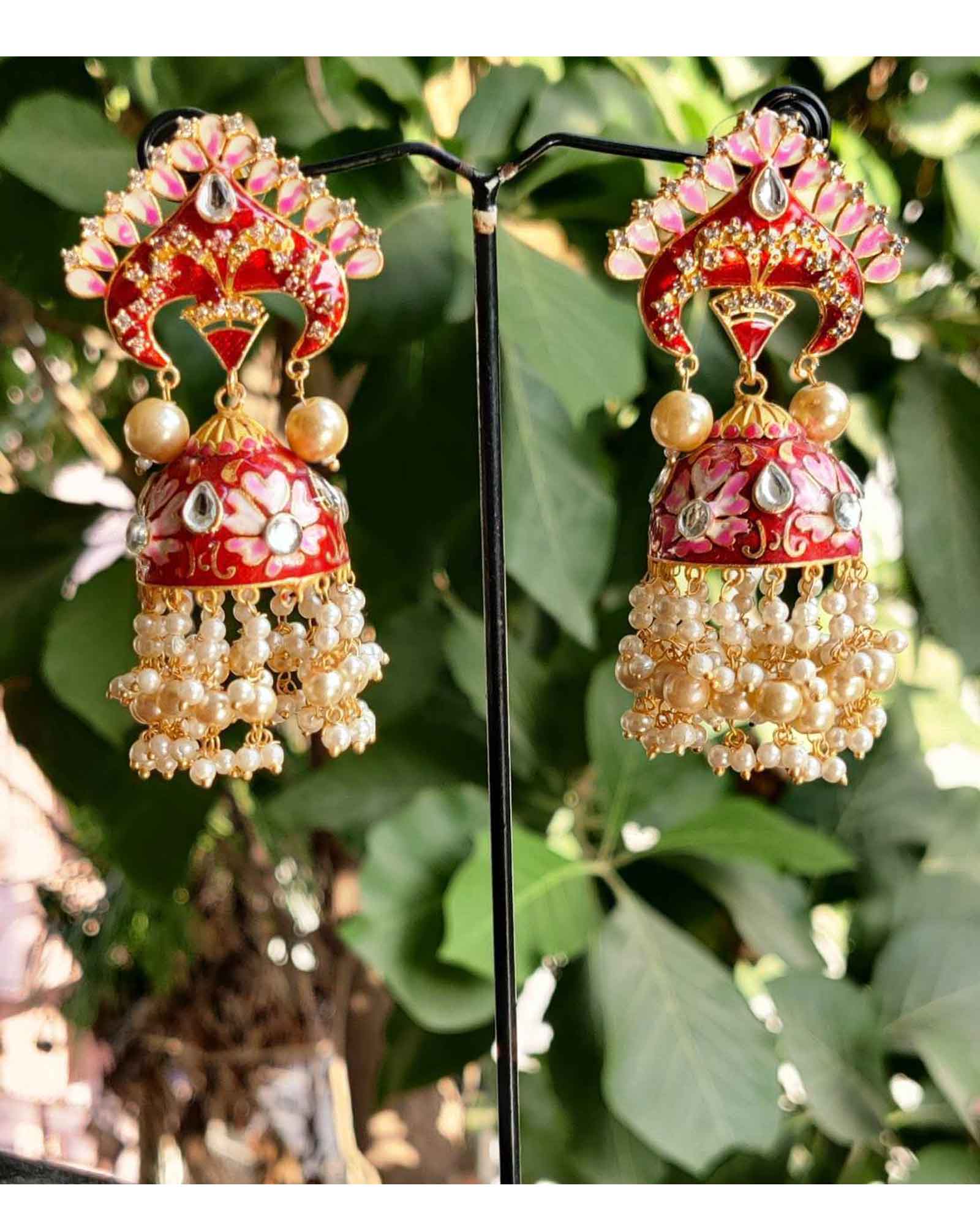 Maroon & White Jhumka Earrings