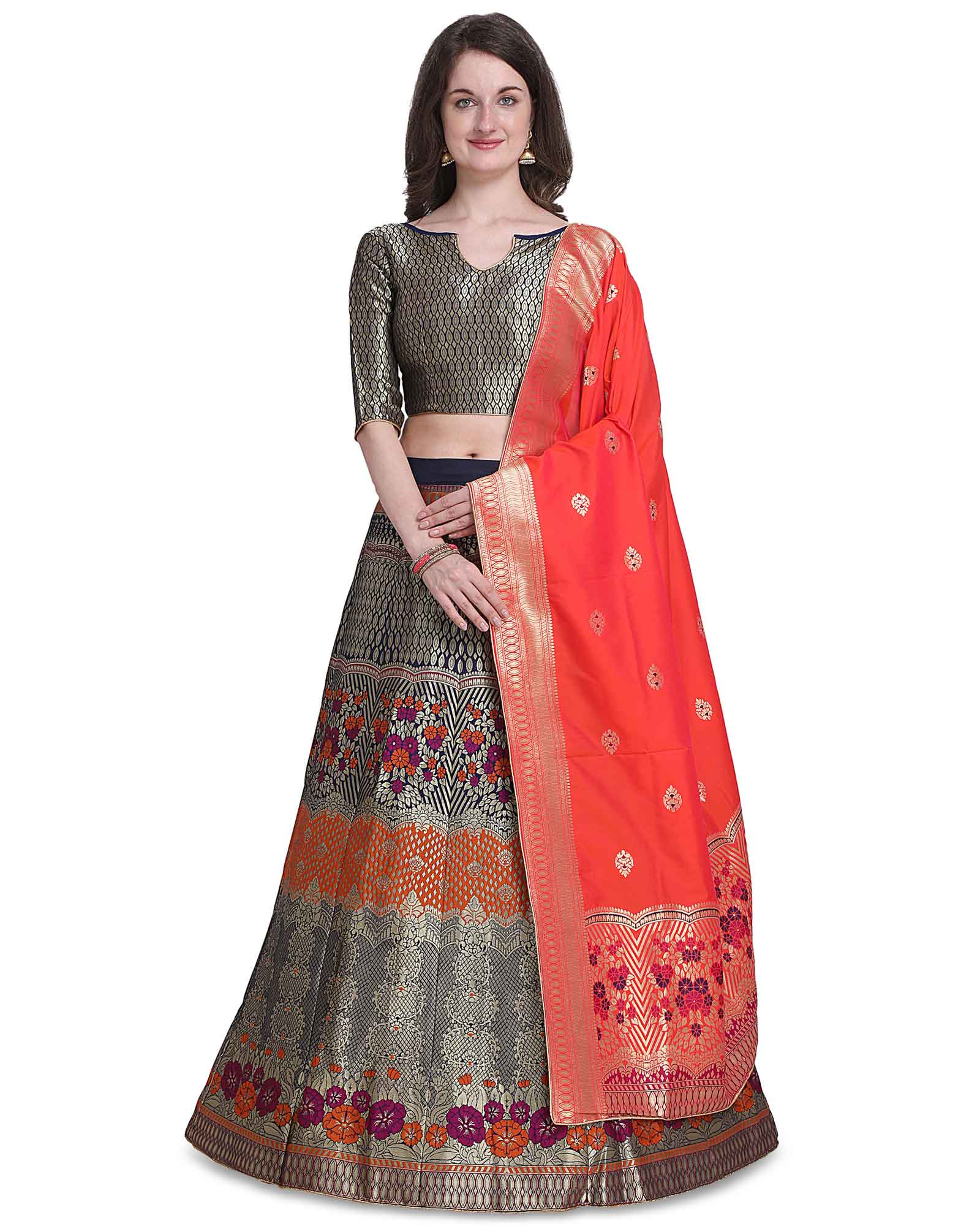 Navy Blue Semi Stitched Zari Woven Lehenga And Choli With Dupatta