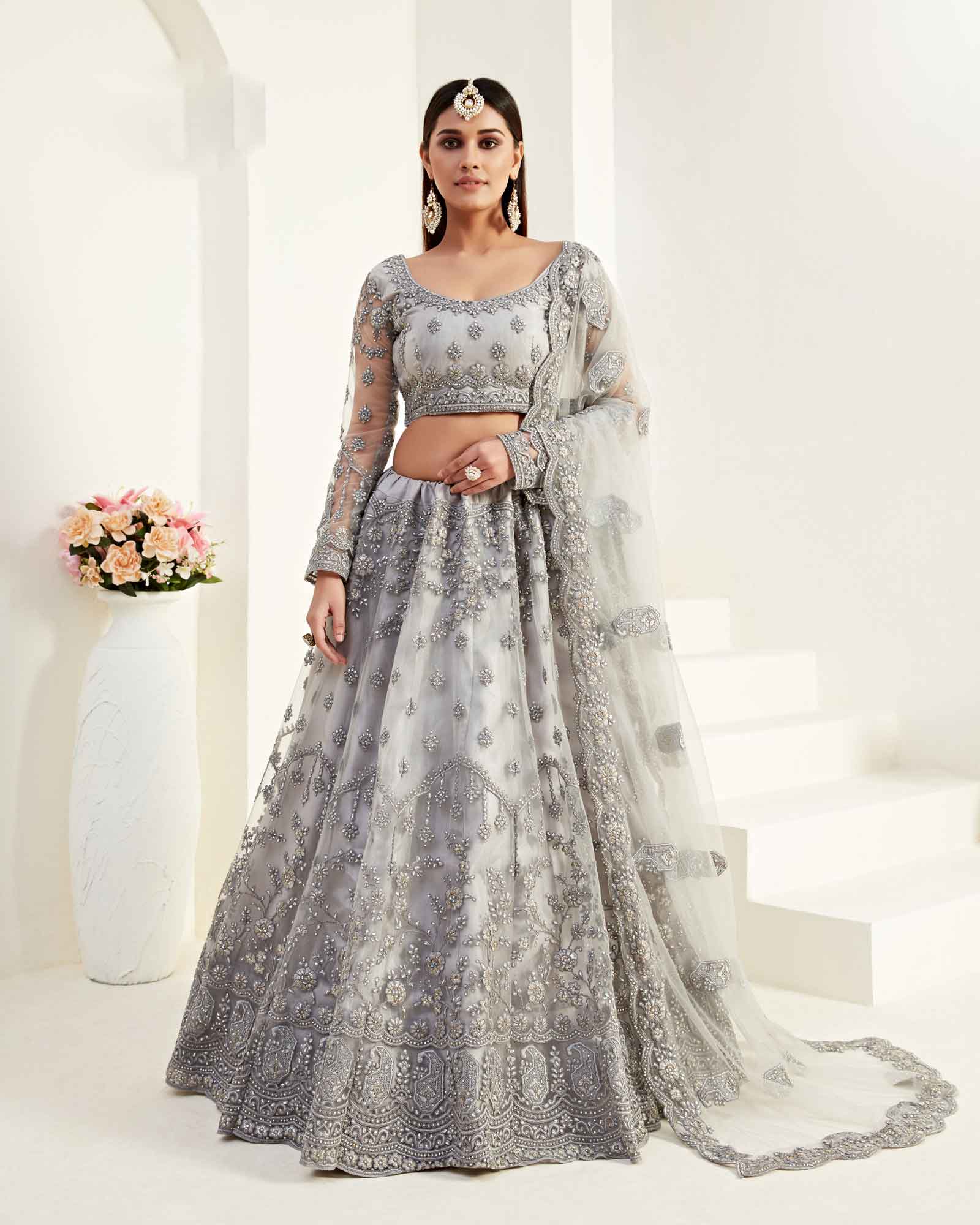 Grey Bridal Semi Stitched Wedding Lehenga And Choli With Dupatta
