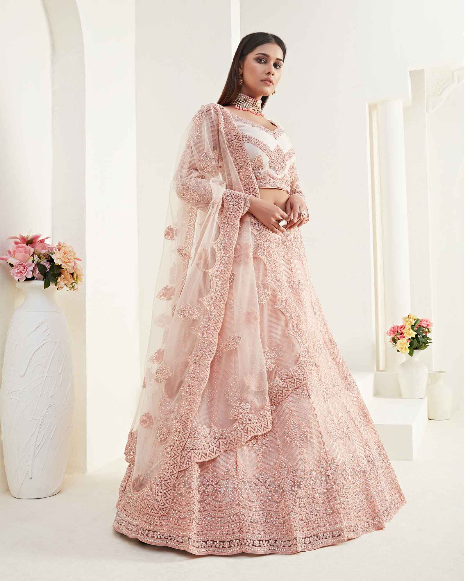 Peach Bridal Semi Stitched Wedding Lehenga And Choli With Dupatta