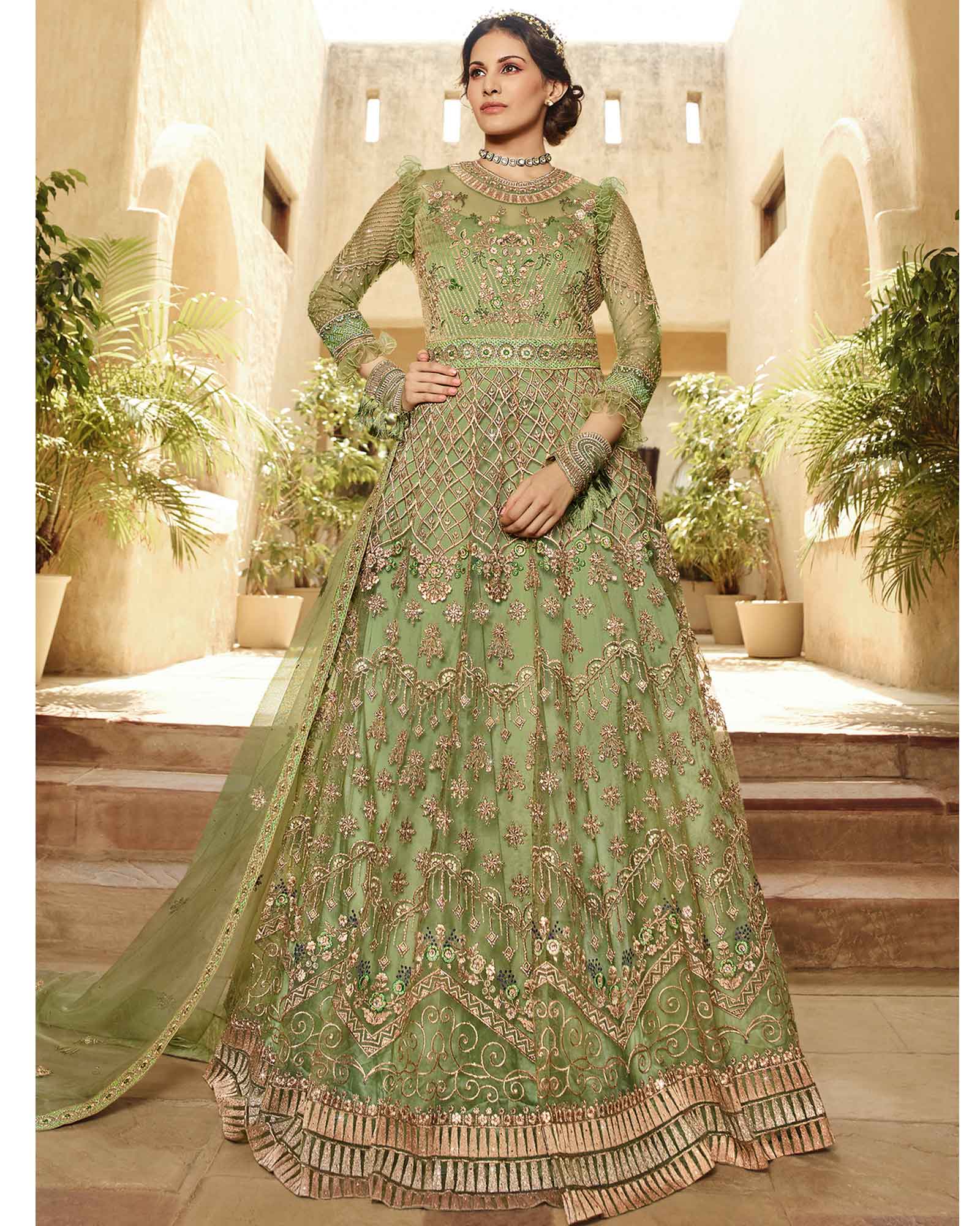Green Net Embroidered Indowestern Gown With Dupatta