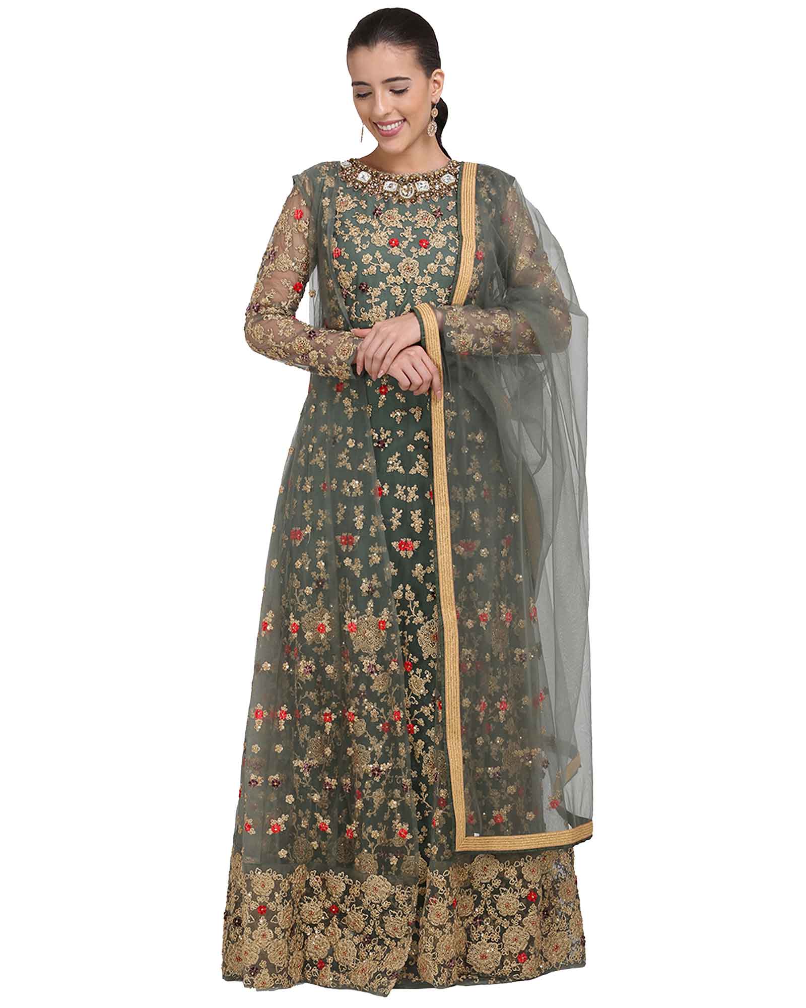 Olive Floral Embroidered Indowestern Gown With Dupatta
