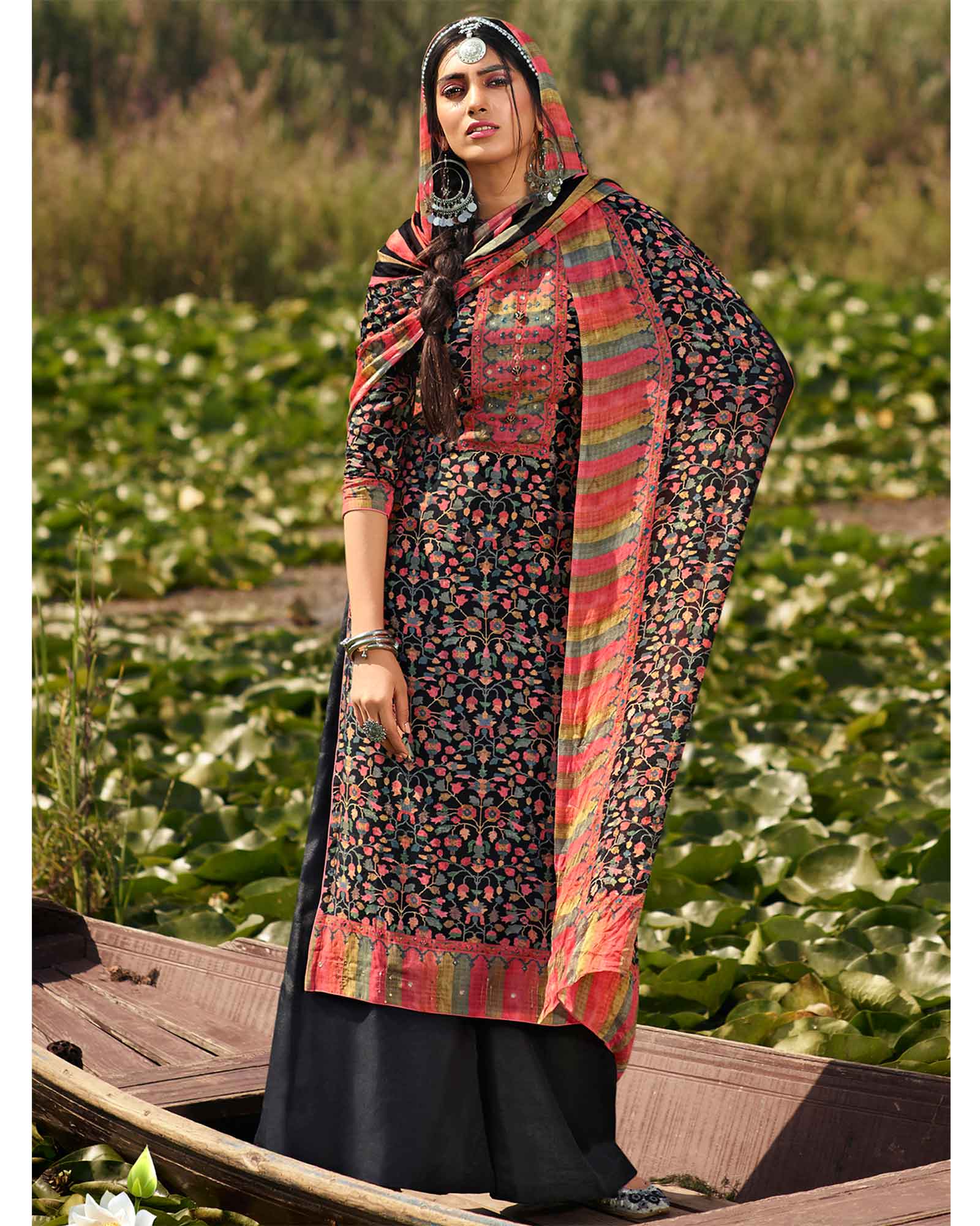 Black Pashmina Printed Unstitched Dress Material