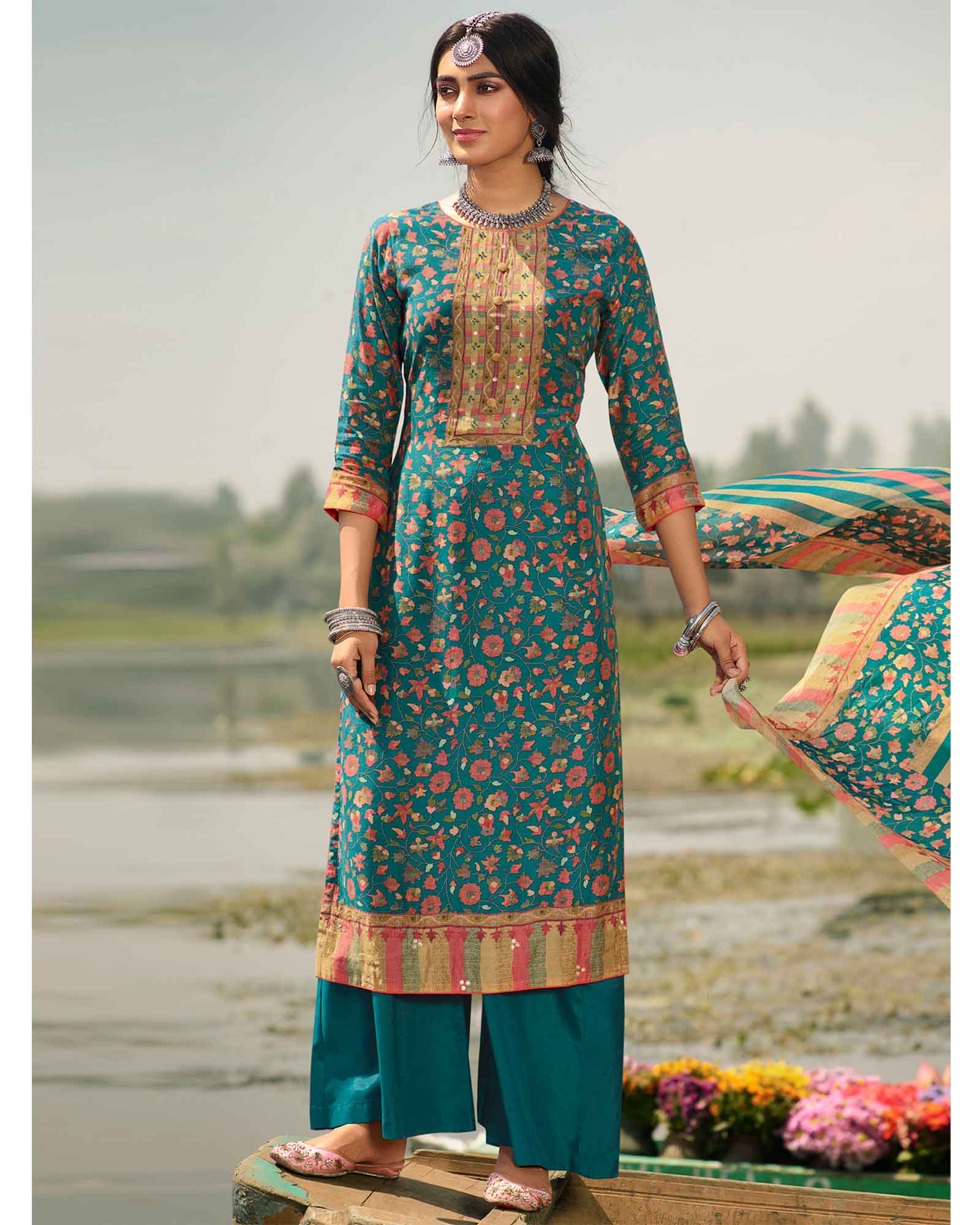 Turquoise Pashmina Printed Unstitched Dress Material