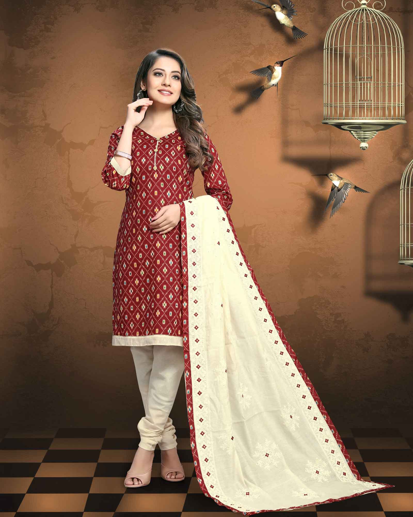 Maroon Patola Printed Unstitched Dress Material