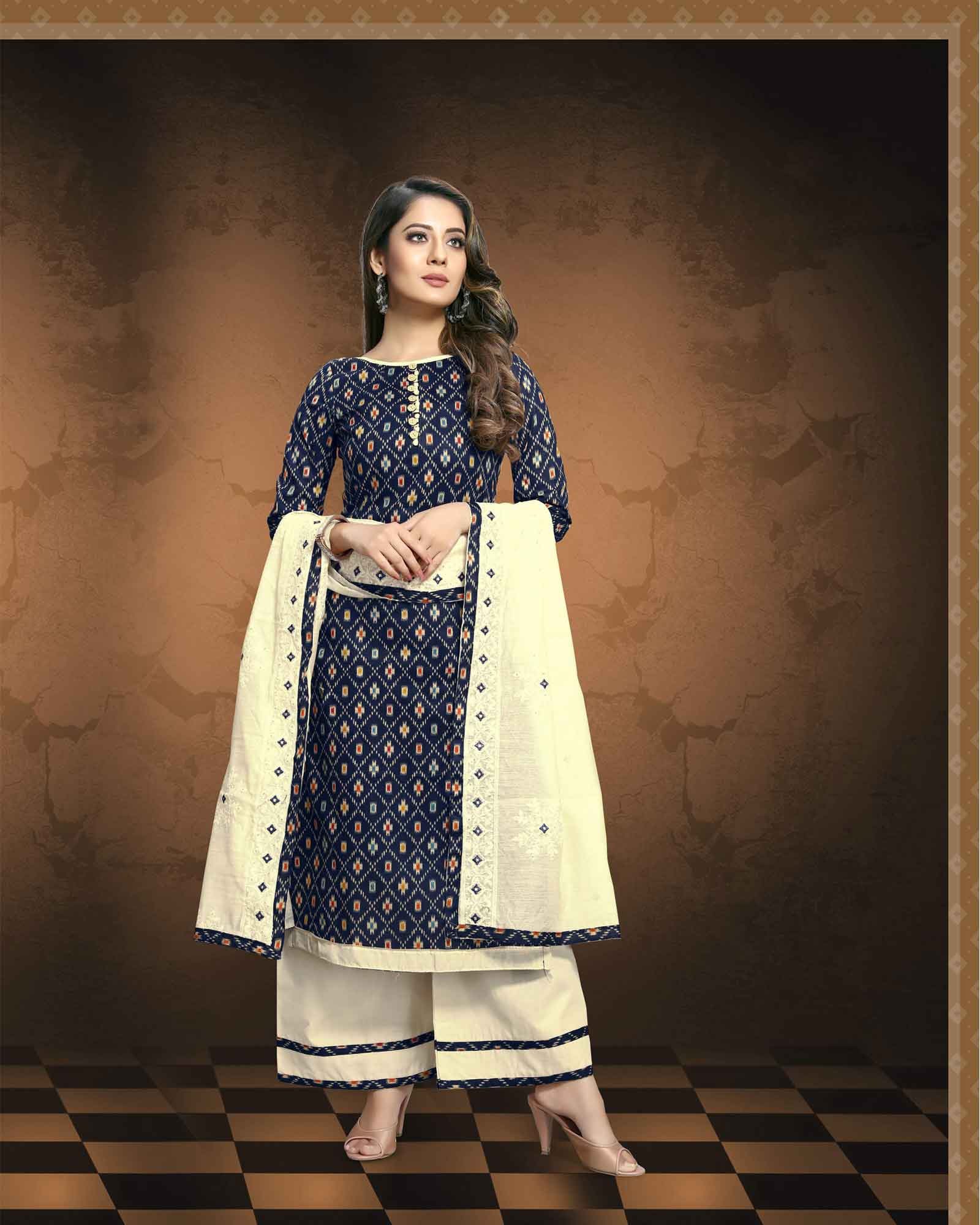 Navy Blue Patola Printed Unstitched Dress Material