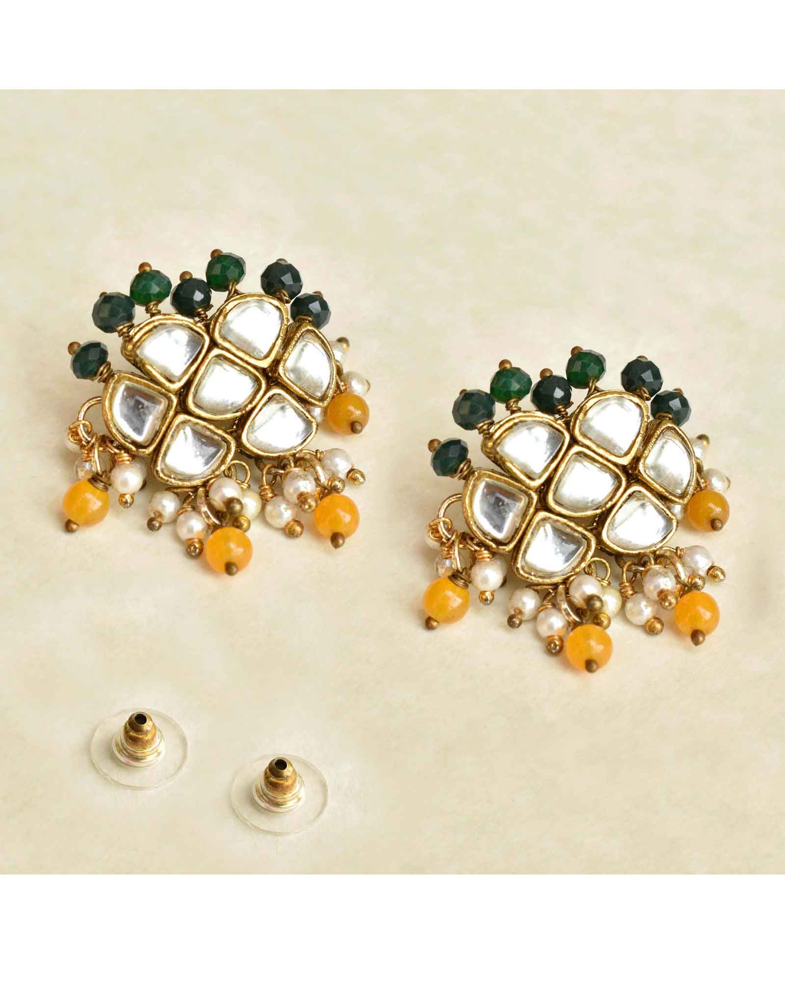 Green And Orange Beads Kundan Earrings 