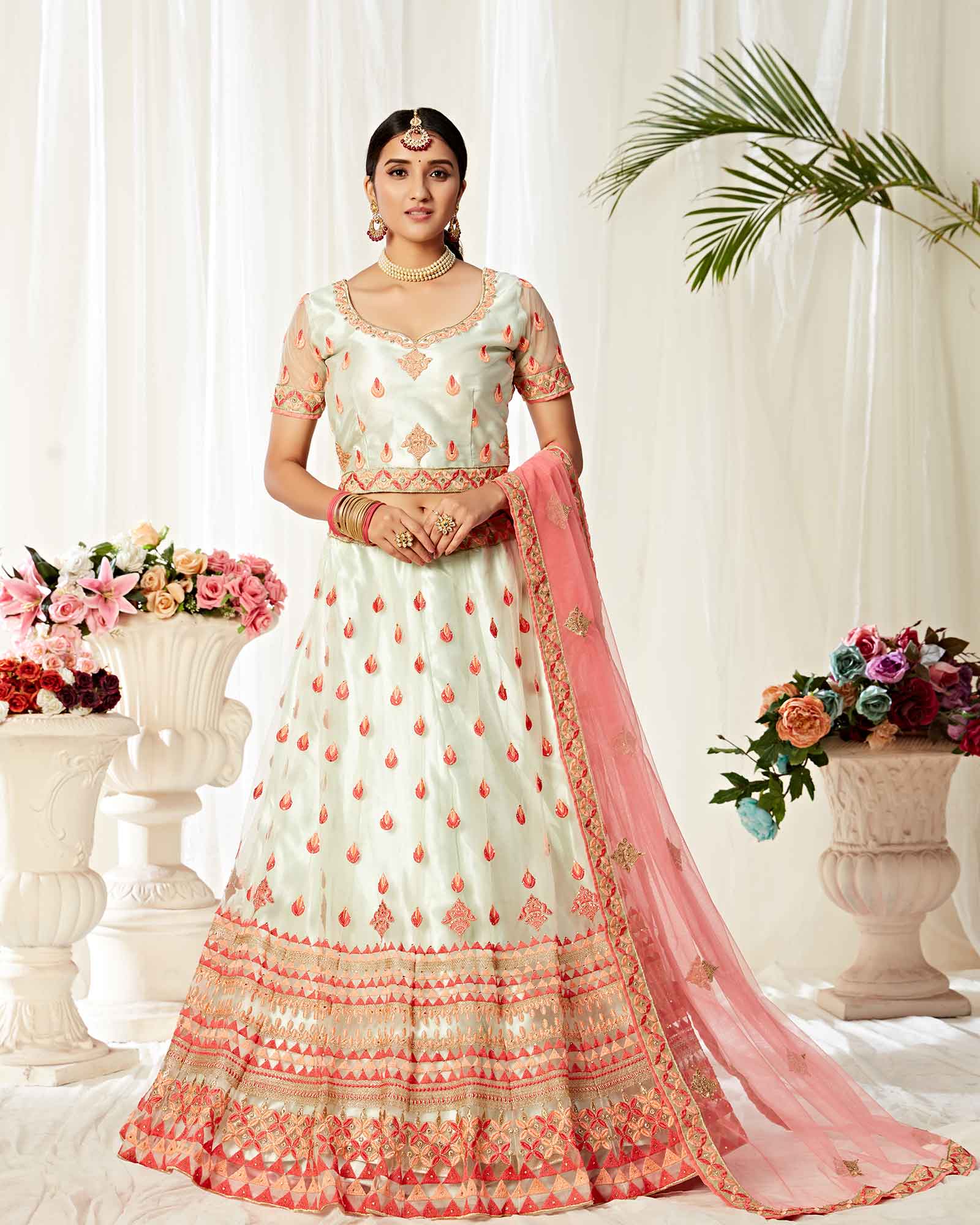 Pista Green Net Designer Lehenga Choli with Sequins Work