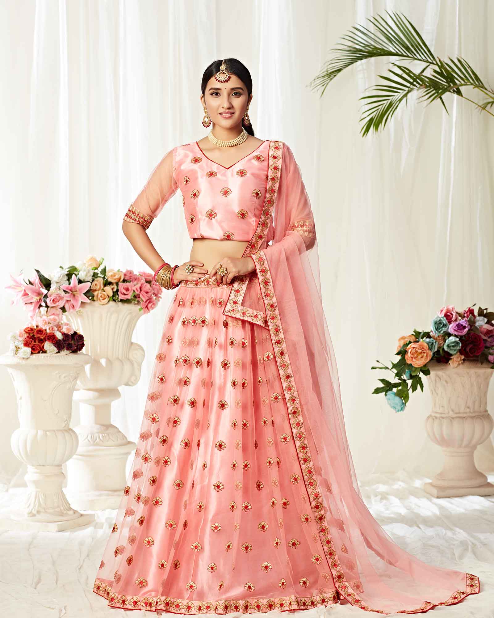 Peach Coloured & Golden Zari Embroidered Semi-Stitched Lehenga Set