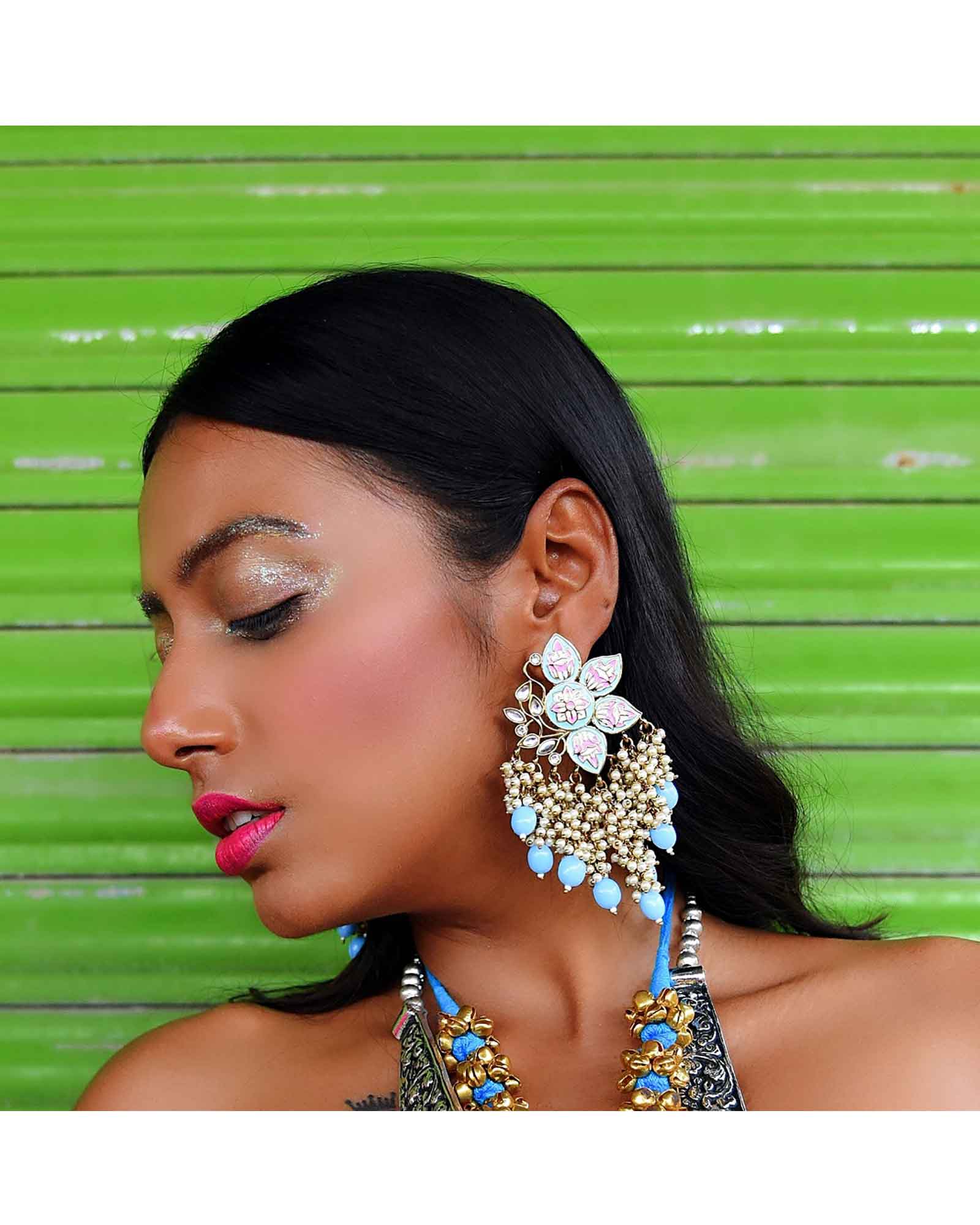 Blue Pearls Meenakari Earrings