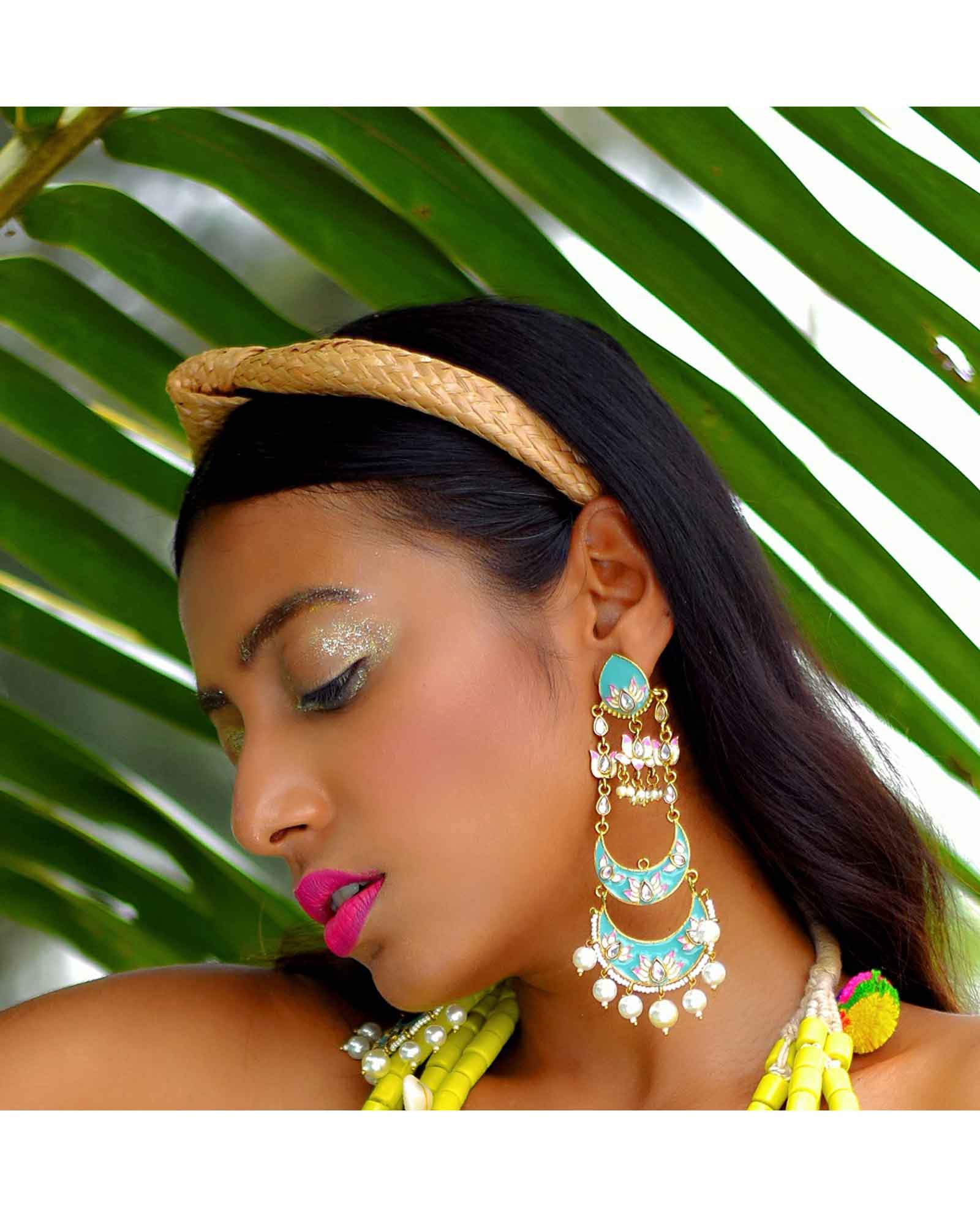 Eta Turquoise Lotus Design Meenakari Earrings