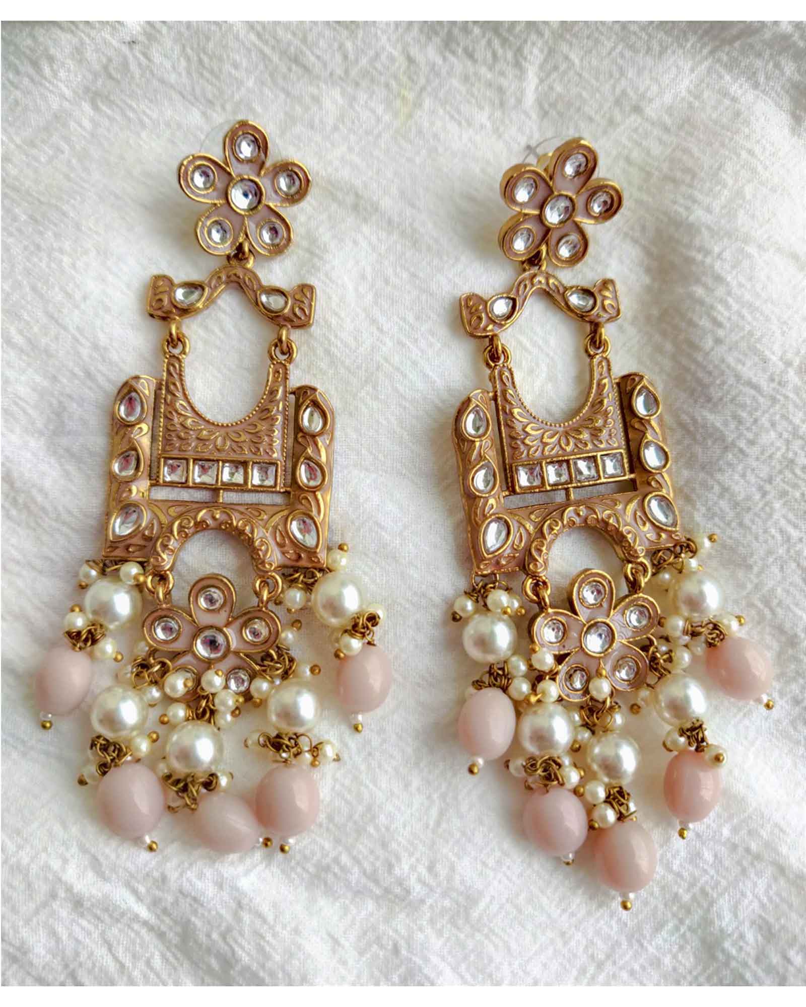  Lotus Design Pearl Beaded Meenakari Earrings