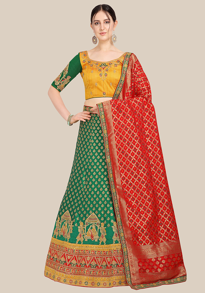 Green Banarasi Embellished Semi Stitched Lehenga & Choli with Dupatta