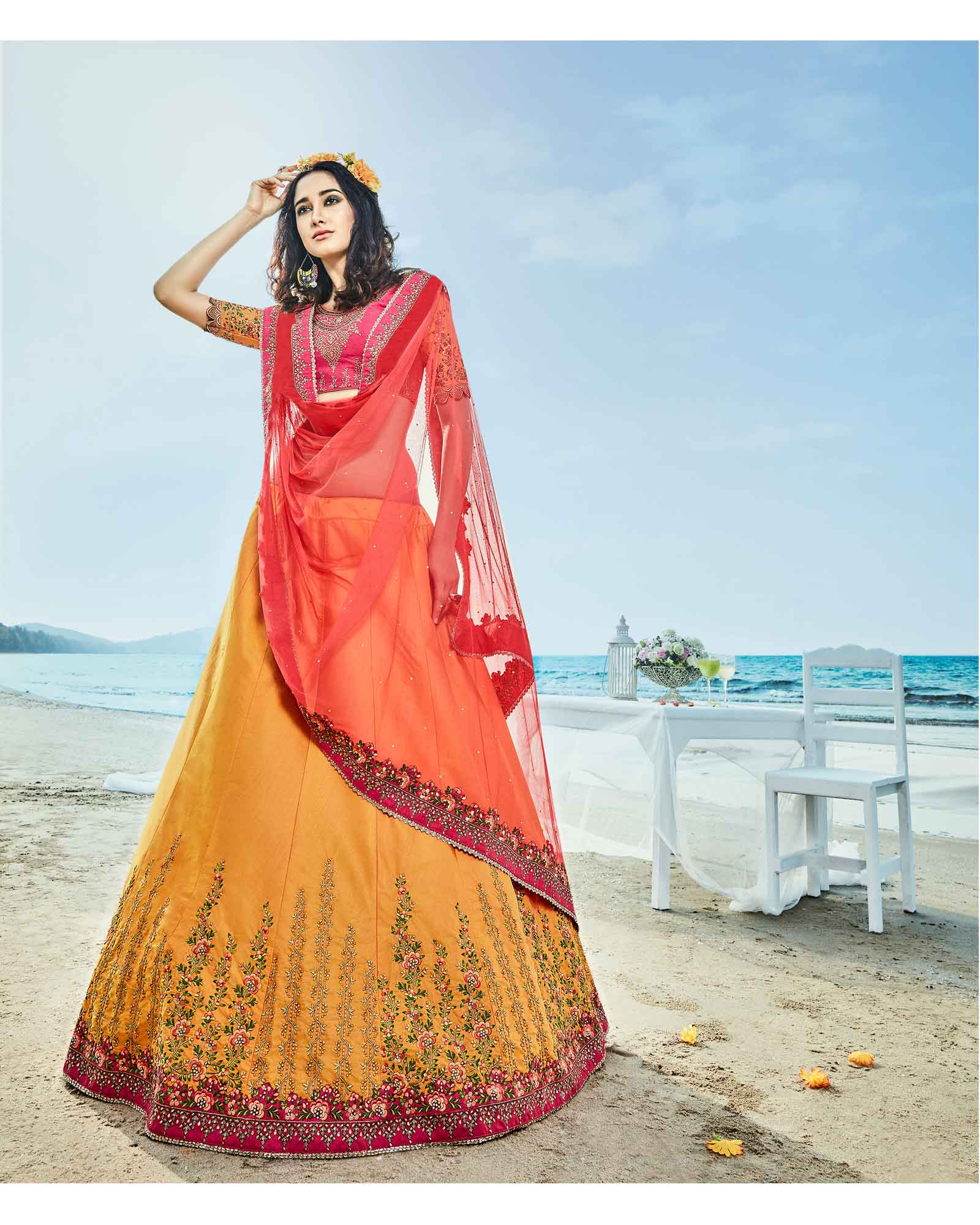 Mustard Embroidered Heavy Border Bridal Lehenga Choli