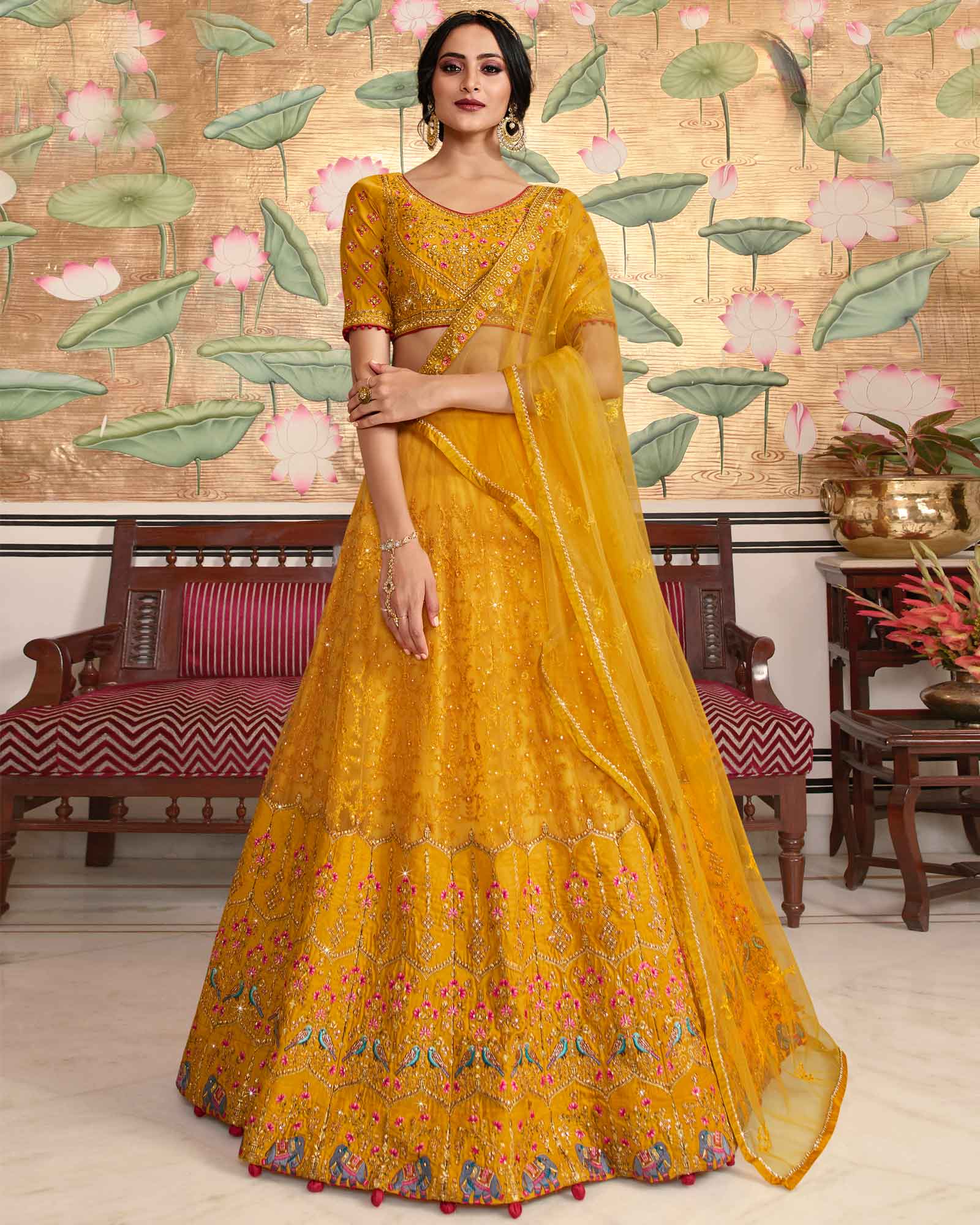 Mustard Spring Blossoms Lehenga Choli With Dupatta