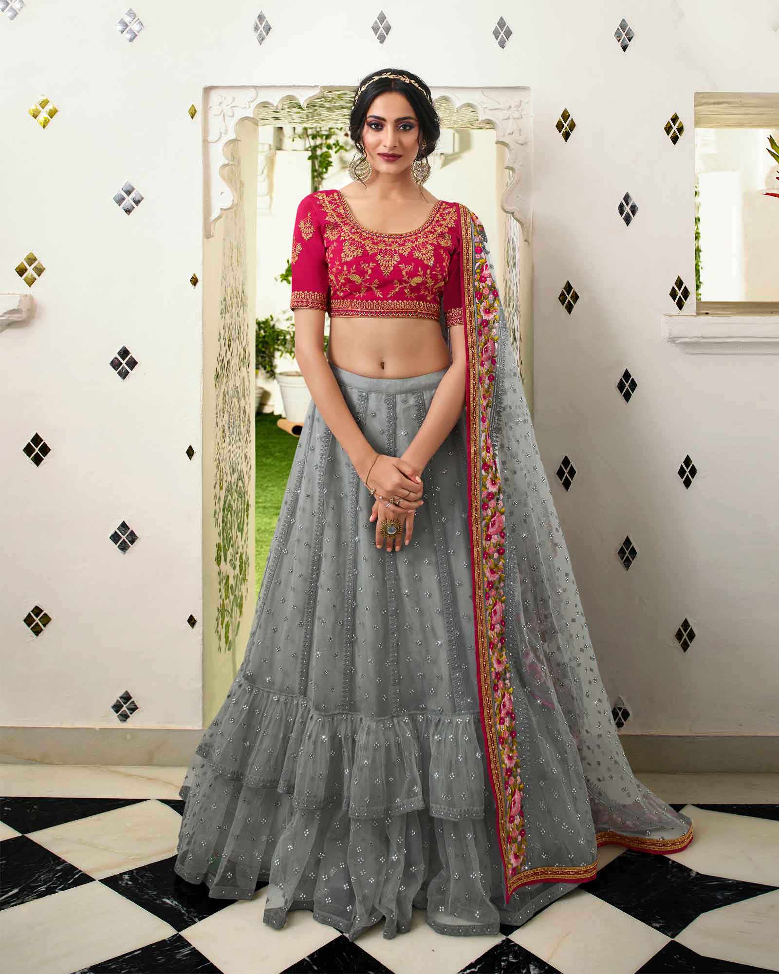 Grey Stone Embellished Twin Layered Lehenga Choli