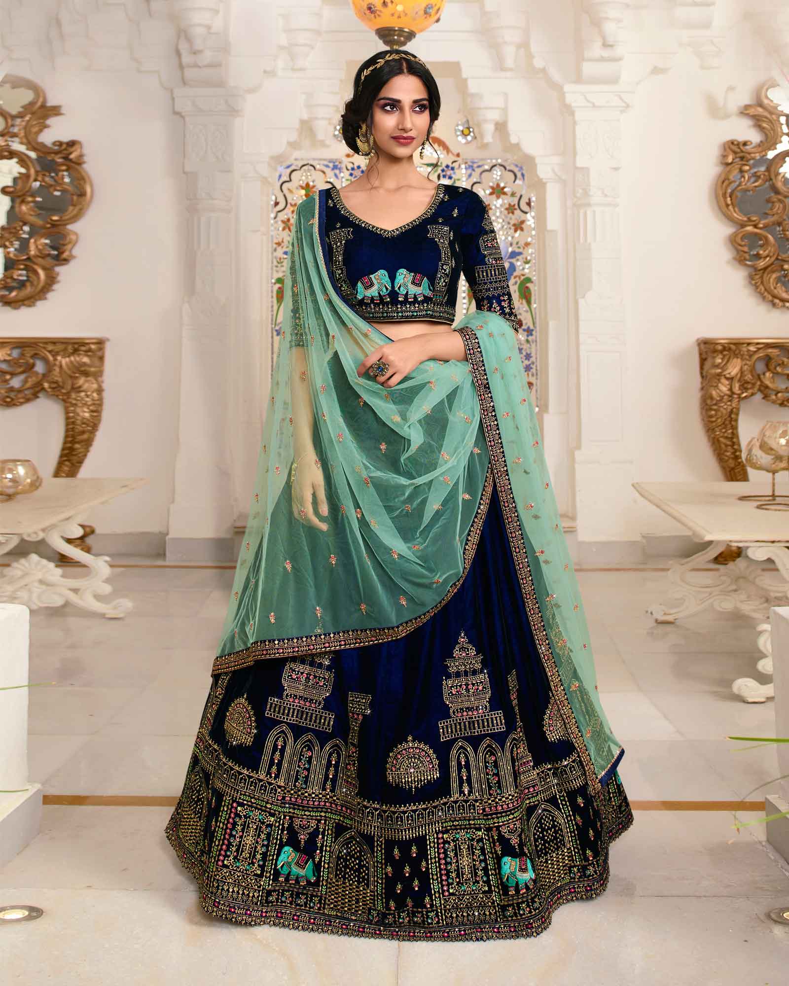 Navy Blue Velvet Bridal Lehenga Choli With Dupatta