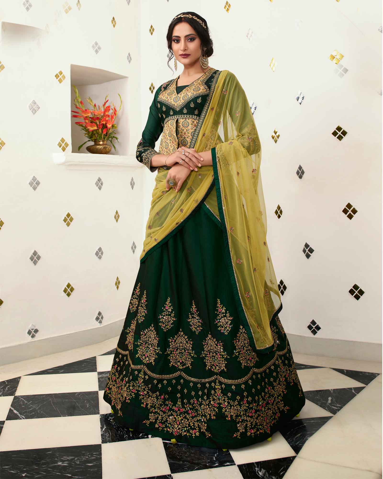 Dark Green Sequins Embellished Lehenga Choli With Mustard Dupatta