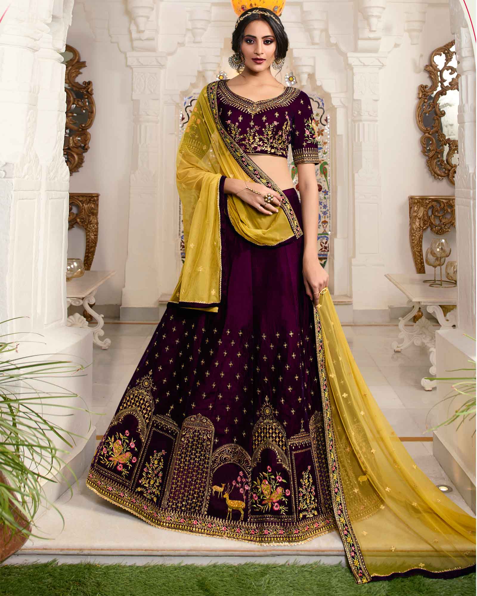 Bridal Wine Velvet Lehenga Choli With Mustard Dupatta