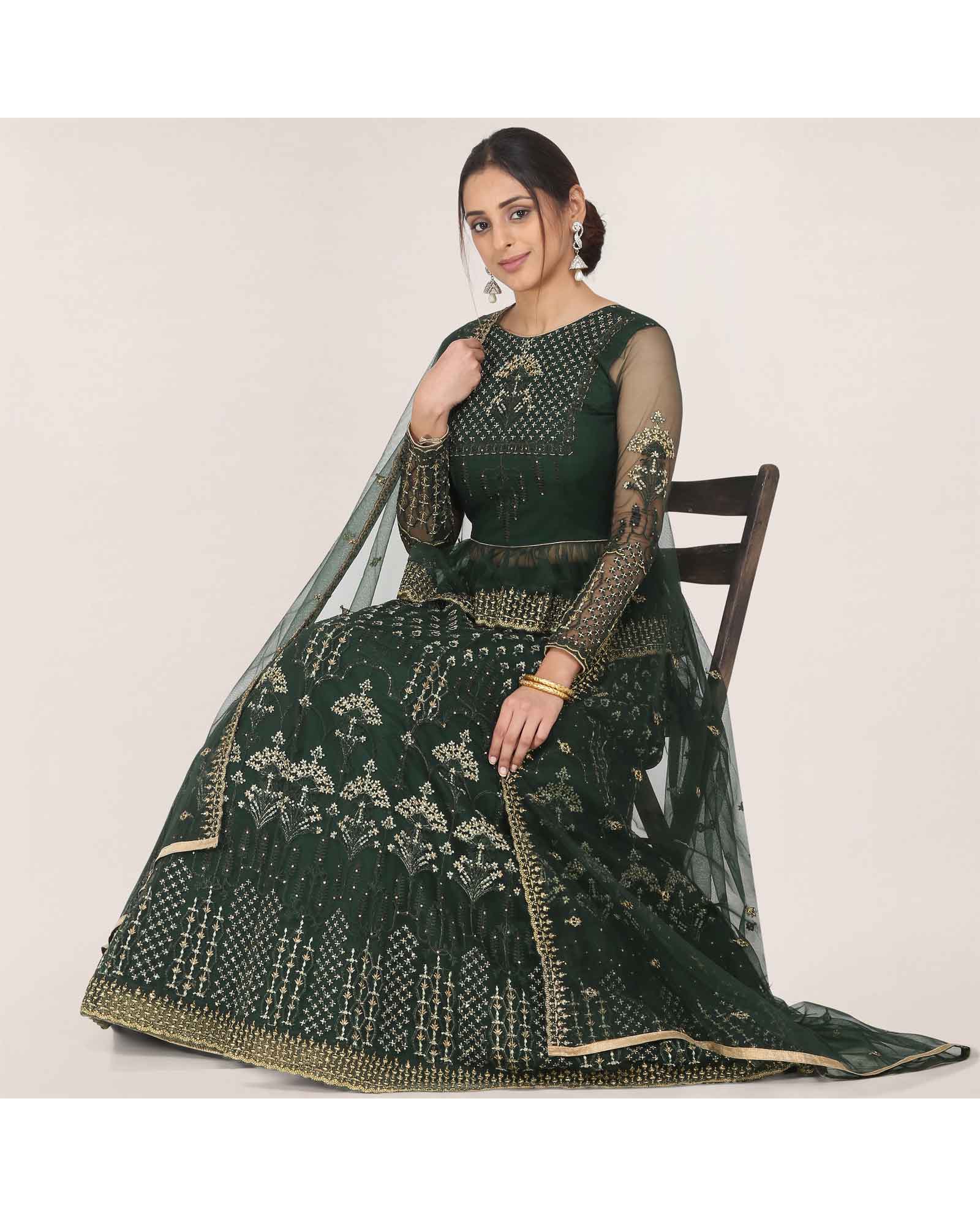 Dark Green Floral Embellished Lehenga Choli 