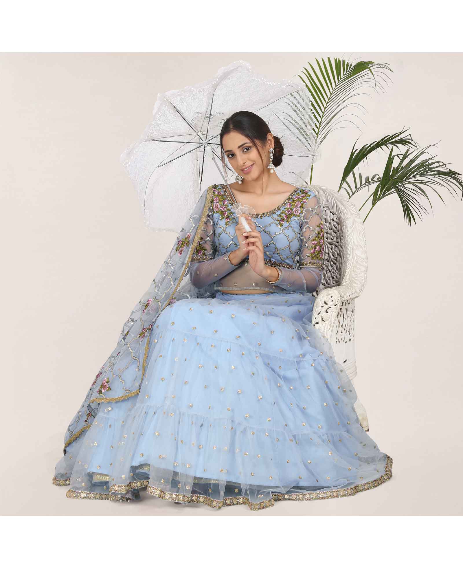 Light Greyish Blue Net Floral Work Lehenga Choli